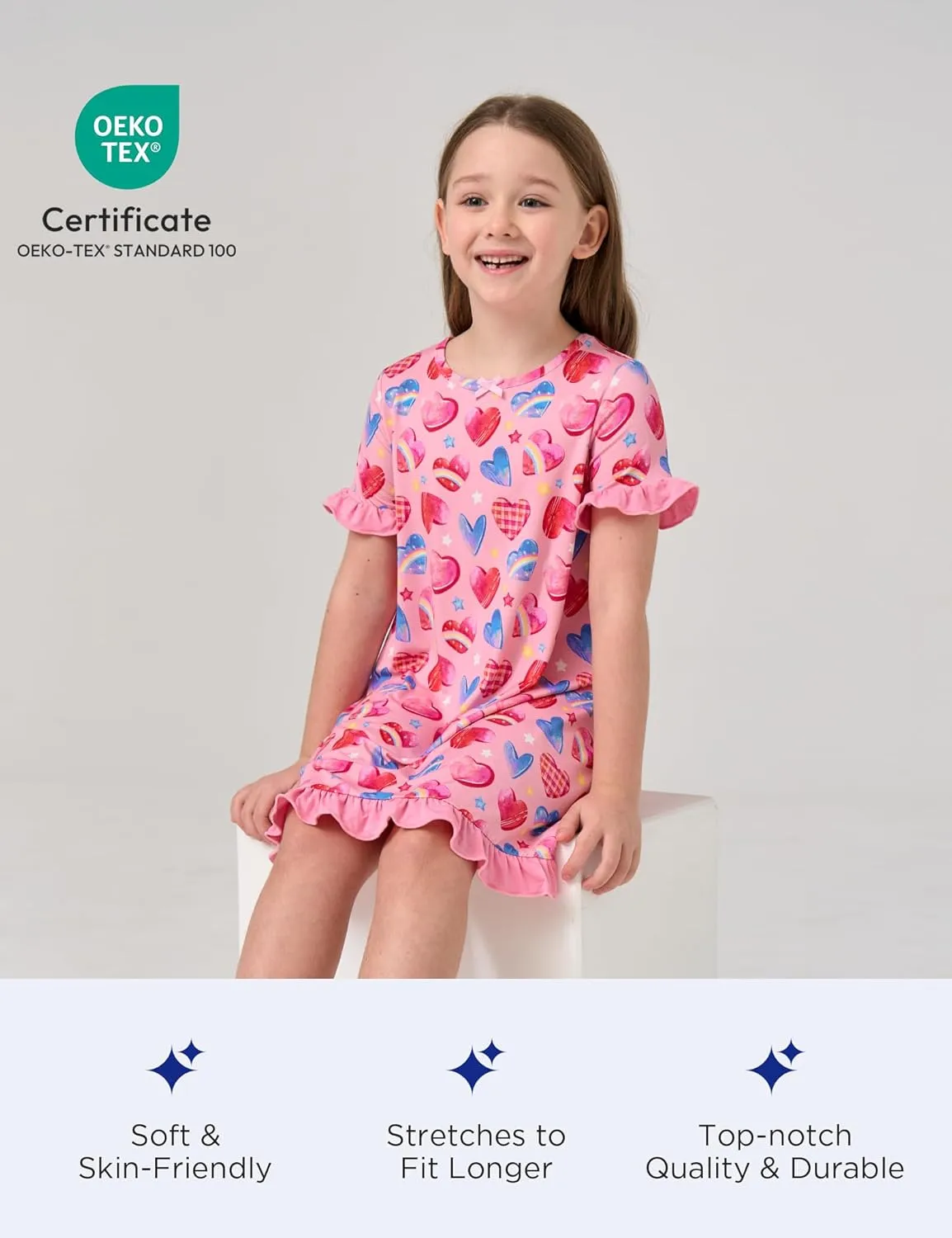 Bamboo Viscose Girls Nightgowns Ruffle Short Sleeve Crew Neck Girls' Sleepwear