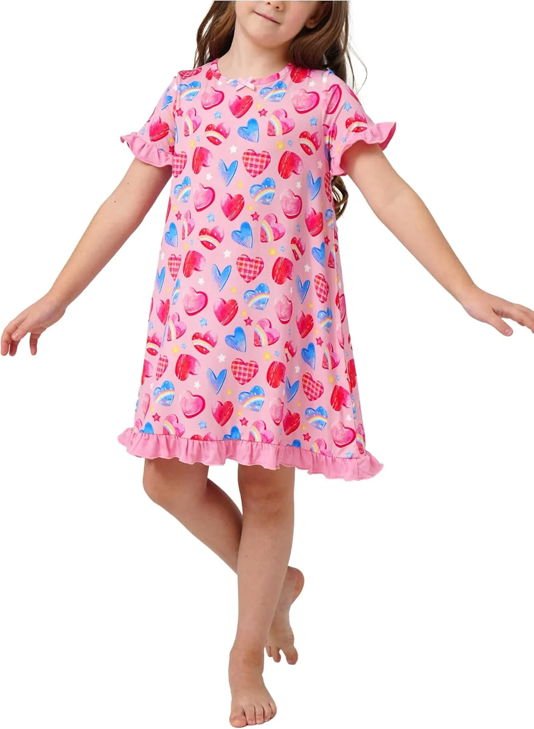 Bamboo Viscose Girls Nightgowns Ruffle Short Sleeve Crew Neck Girls' Sleepwear