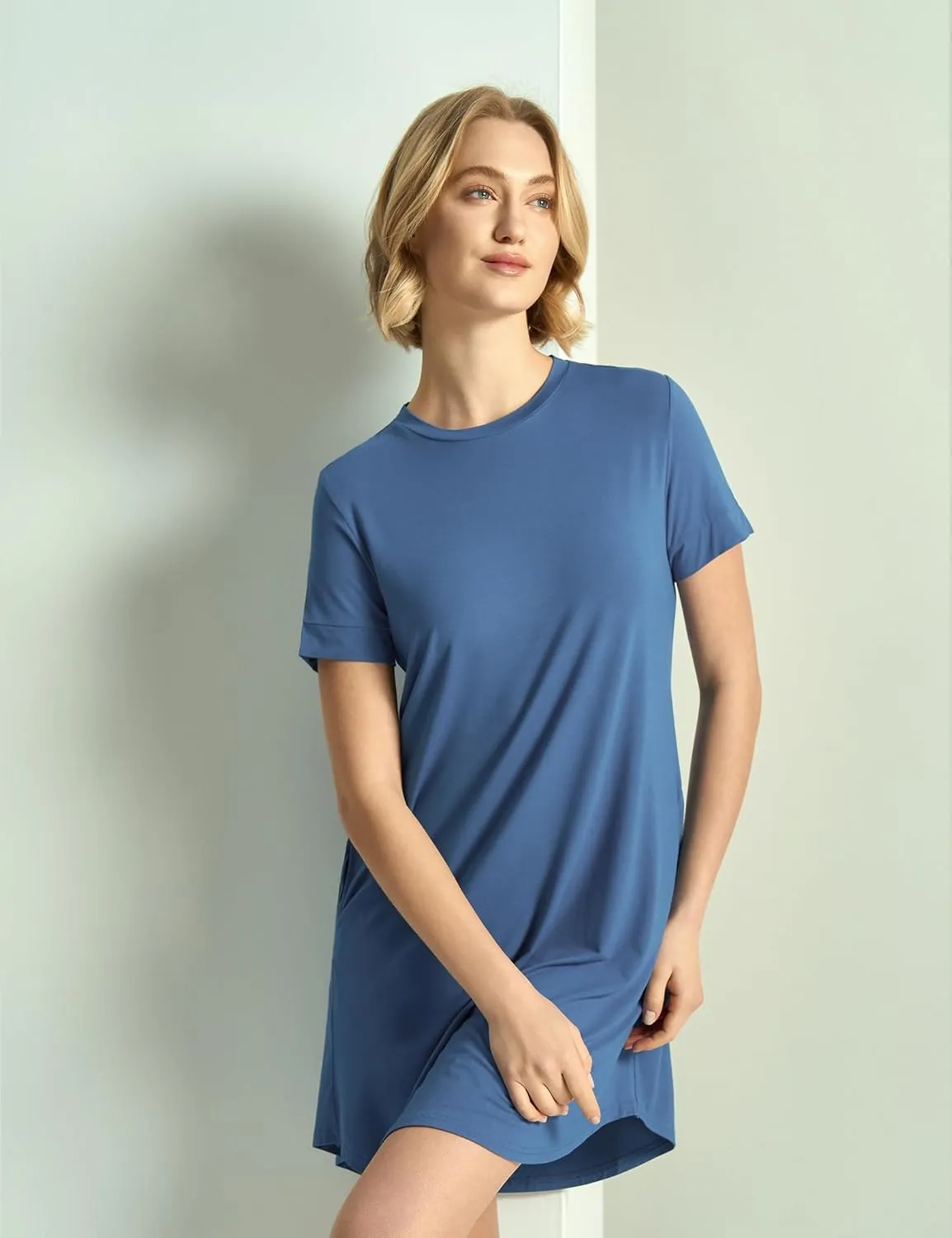 Bamboo Viscose Women's Nightgowns Short Sleeve Crew Neck Sleep Dress with Pockets