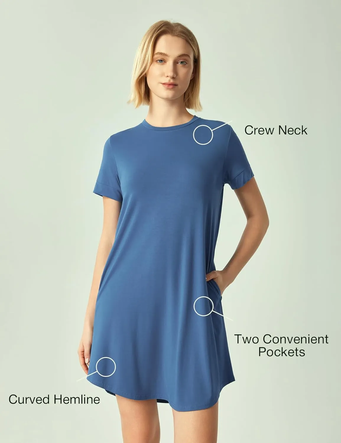 Bamboo Viscose Women's Nightgowns Short Sleeve Crew Neck Sleep Dress with Pockets