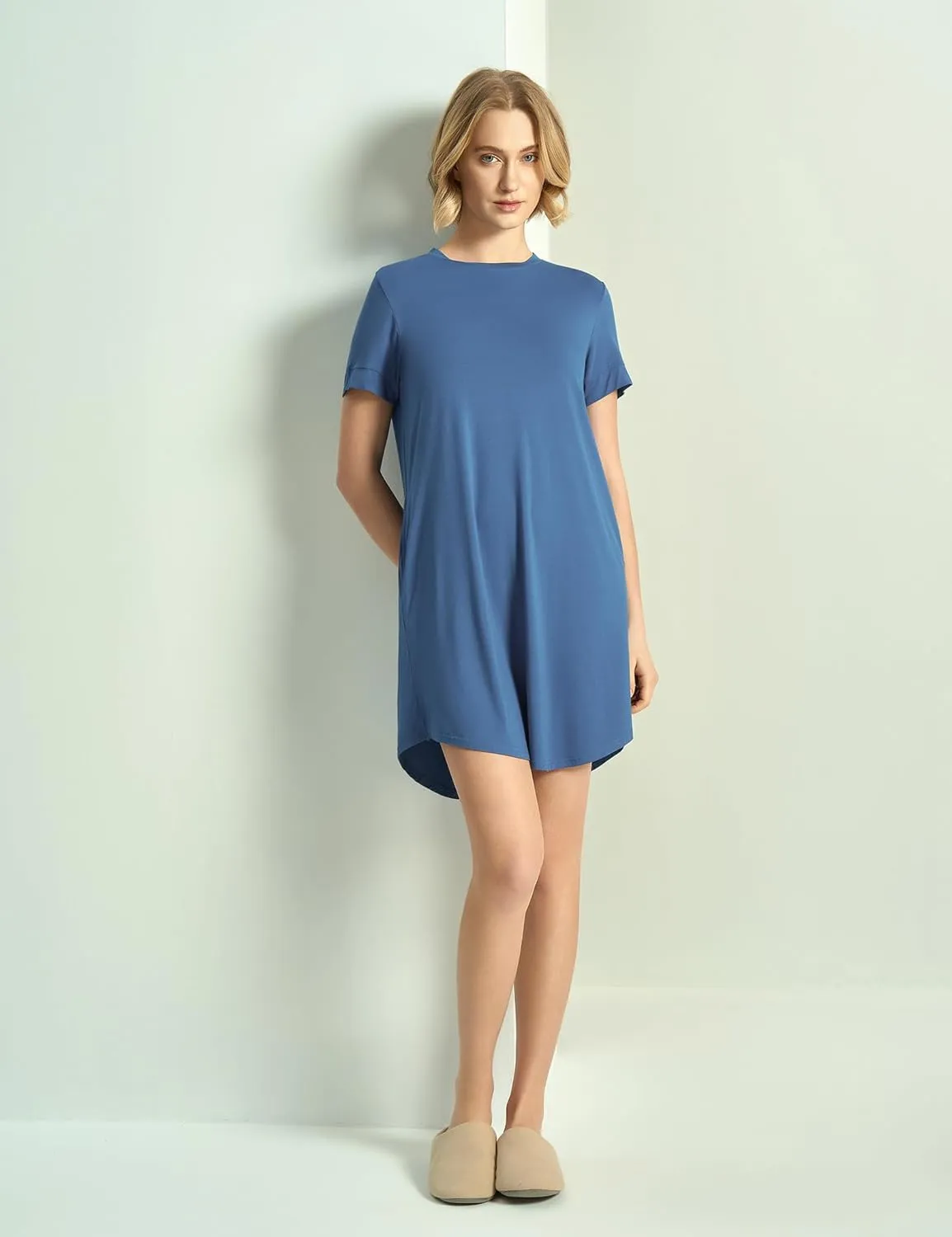 Bamboo Viscose Women's Nightgowns Short Sleeve Crew Neck Sleep Dress with Pockets