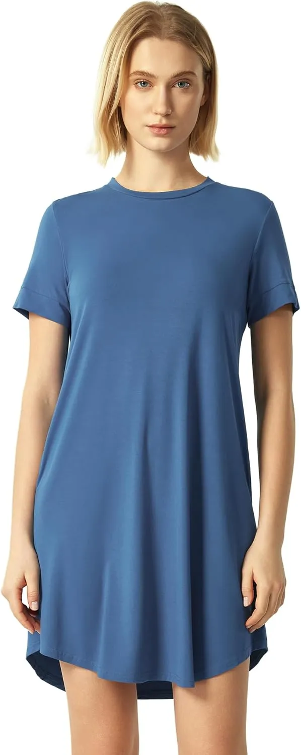 Bamboo Viscose Women's Nightgowns Short Sleeve Crew Neck Sleep Dress with Pockets