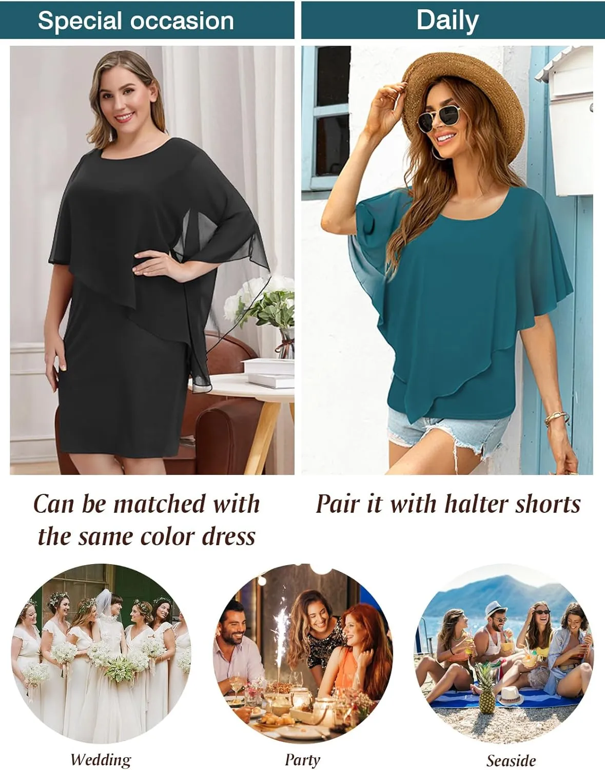 BEAUTELICATE Asymmetrical Capelets Chiffon Capes Wedding Bridal Shawls Wraps For Women Evening Dress