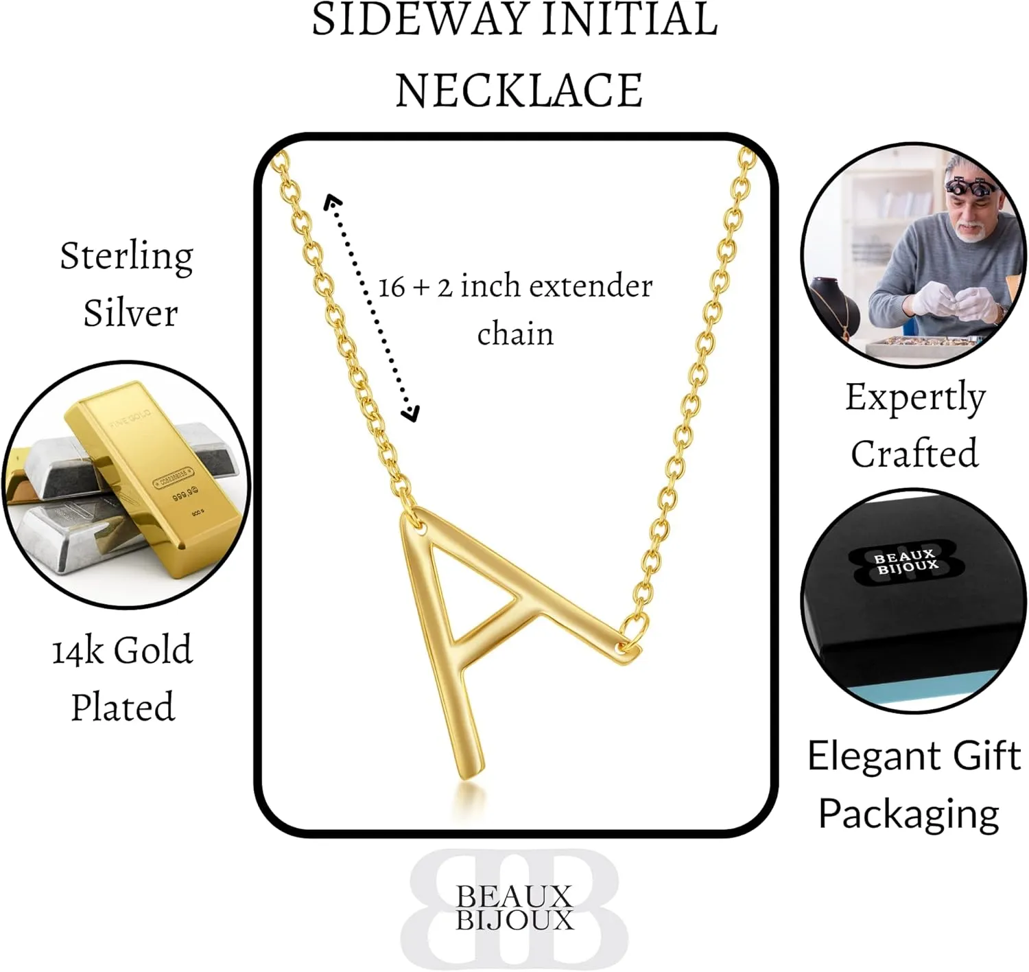Beaux Bijoux Sideways Initial Necklaces for Women | 14k Gold and Silver Letter Necklaces | Unique Birthday Gift | Trendy Jewelry | Dainty Handmade Necklaces for Women