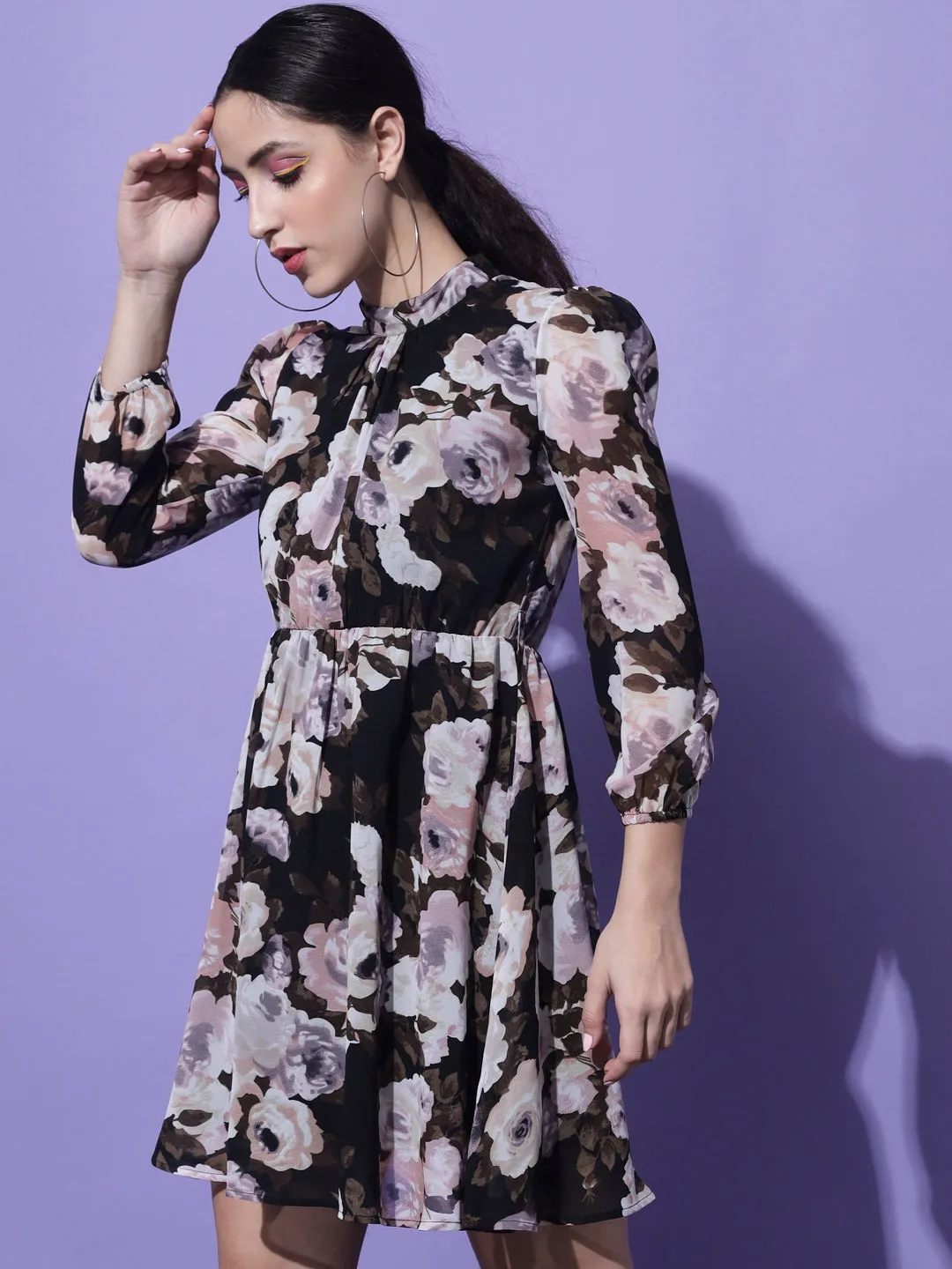 Black & White Floral Georgette A-Line Dress