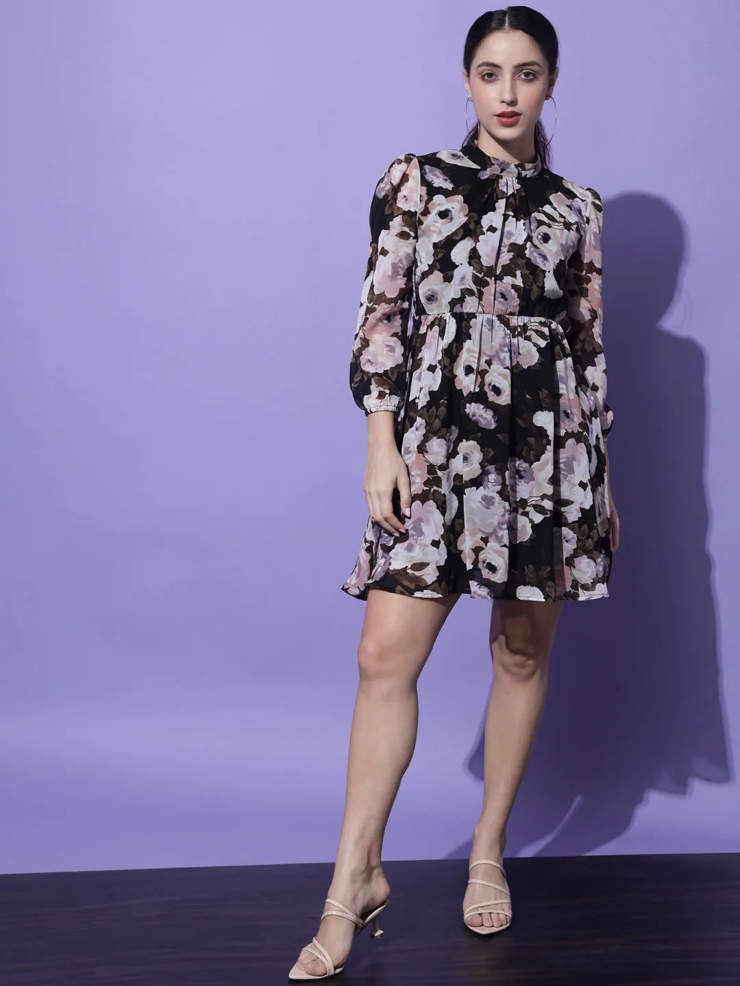Black & White Floral Georgette A-Line Dress