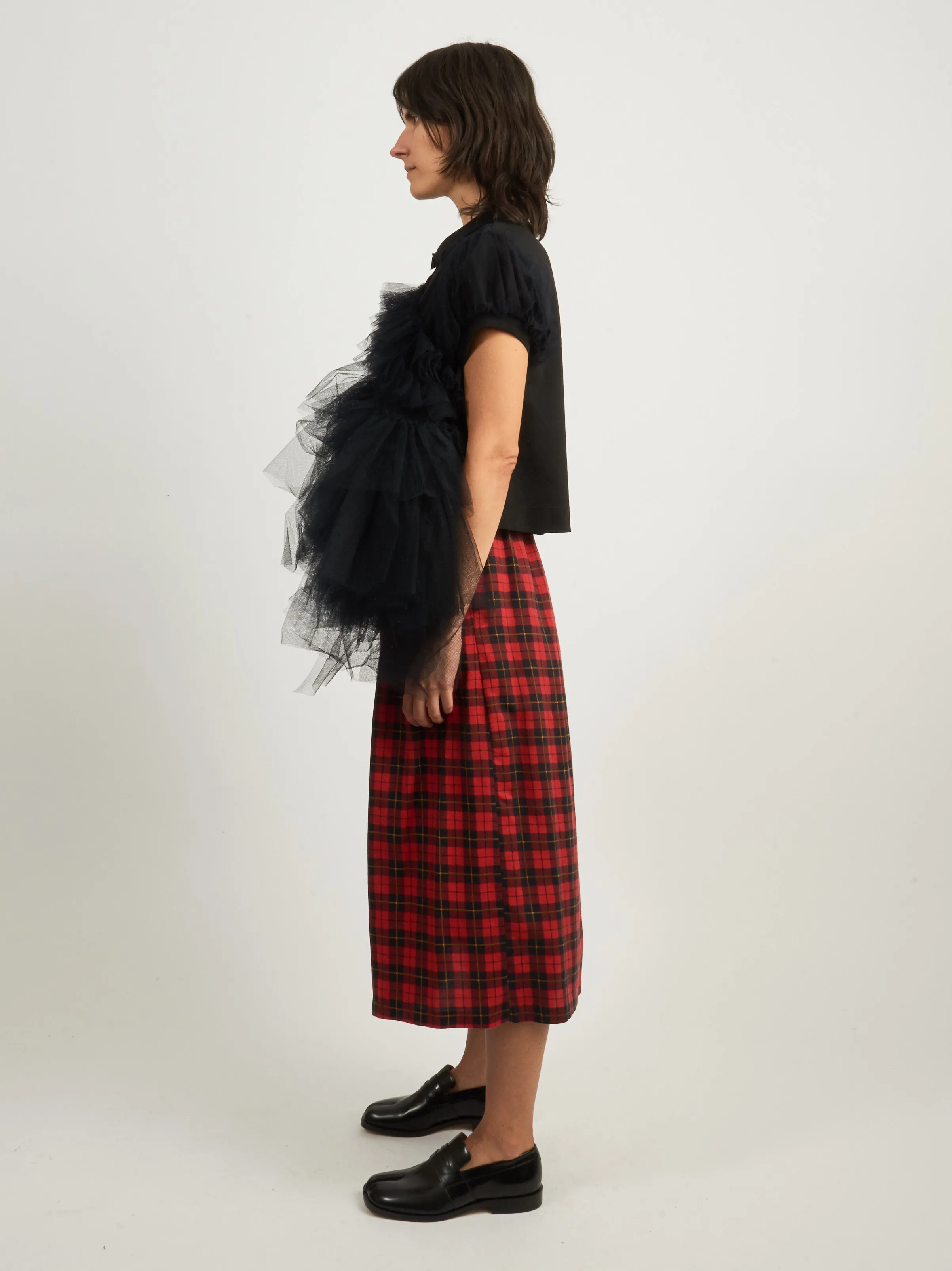 Black Puff Sleeve Tulle Frill Polo Shirt