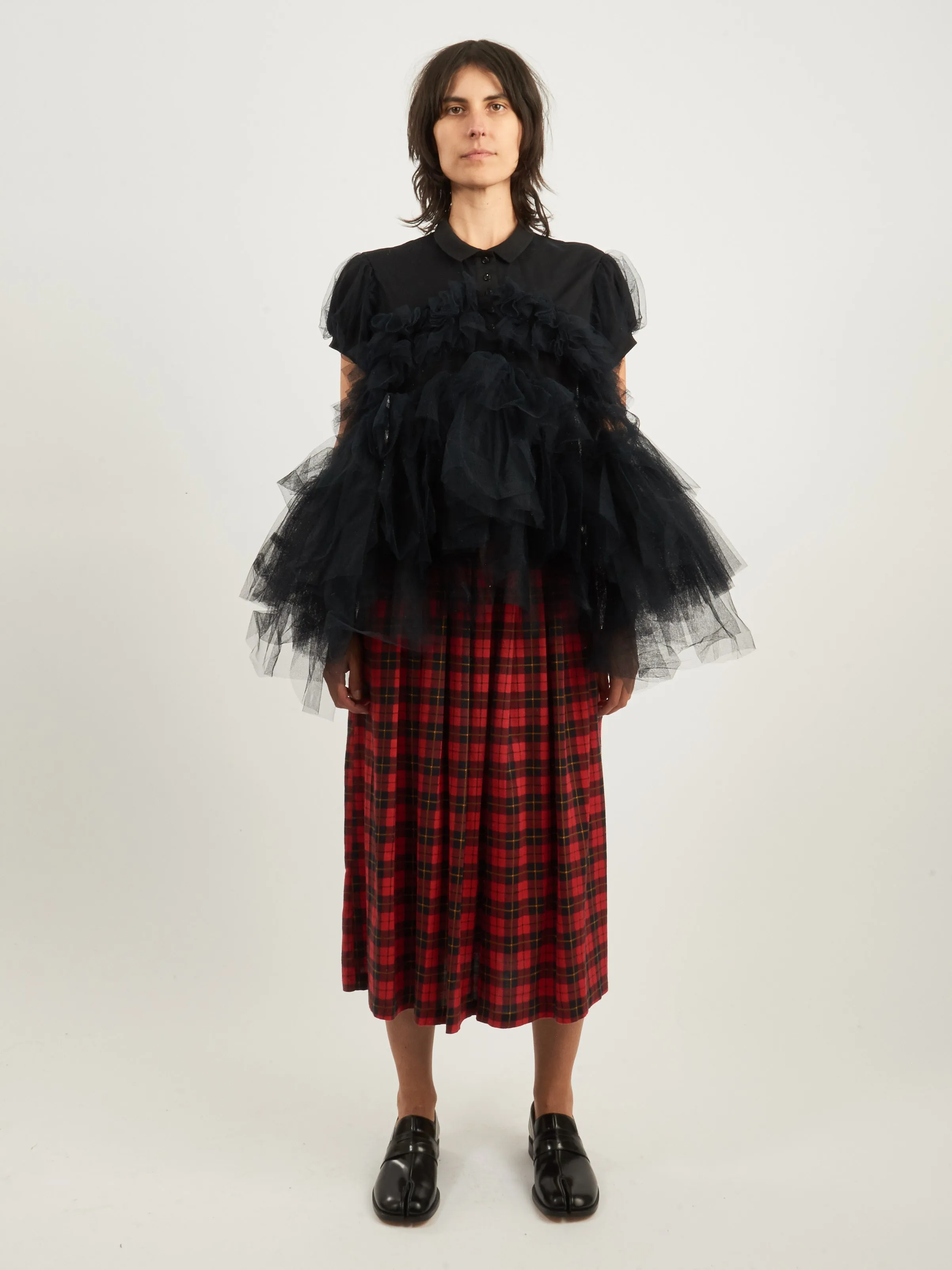 Black Puff Sleeve Tulle Frill Polo Shirt