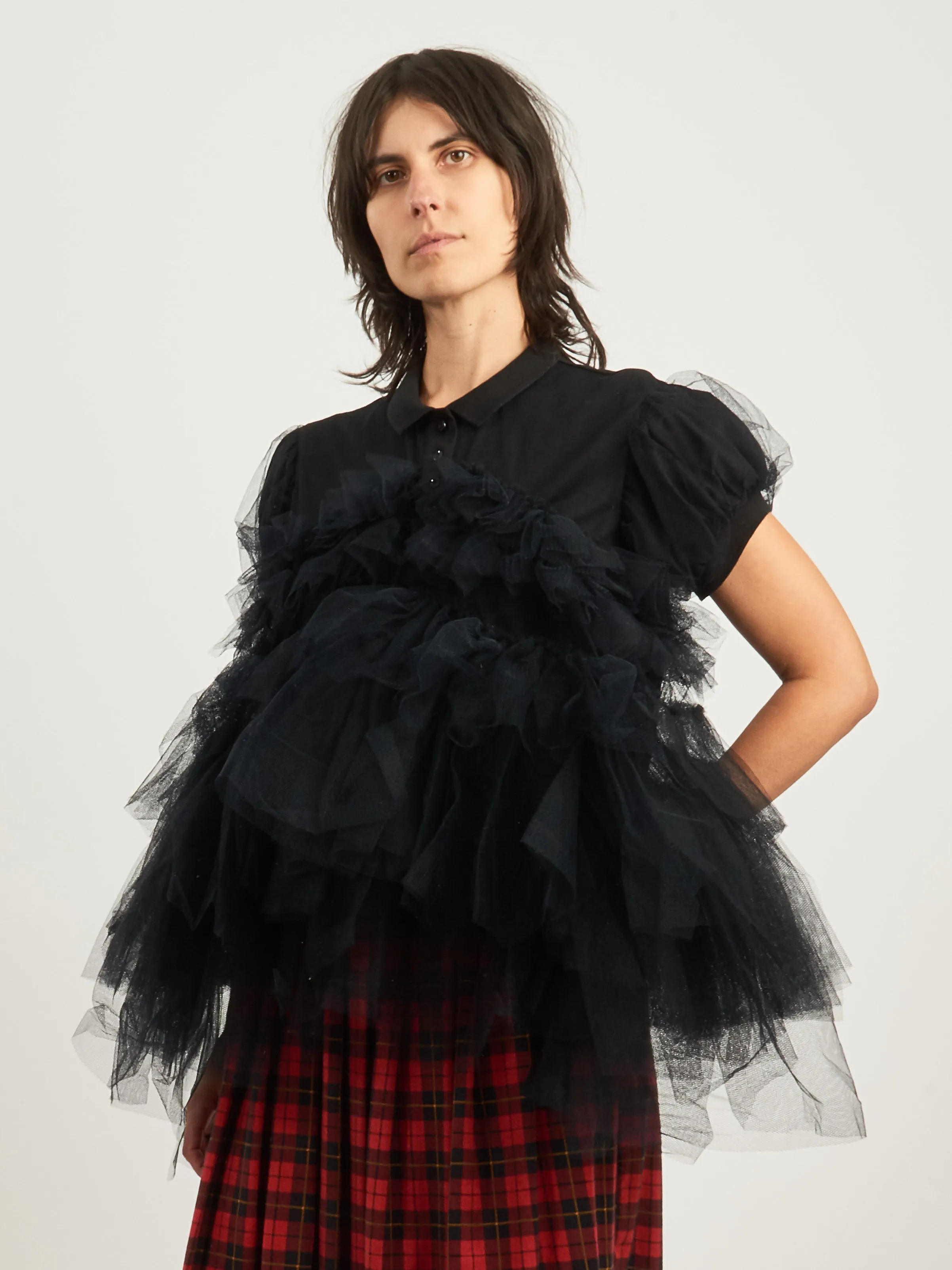 Black Puff Sleeve Tulle Frill Polo Shirt