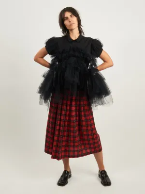 Black Puff Sleeve Tulle Frill Polo Shirt