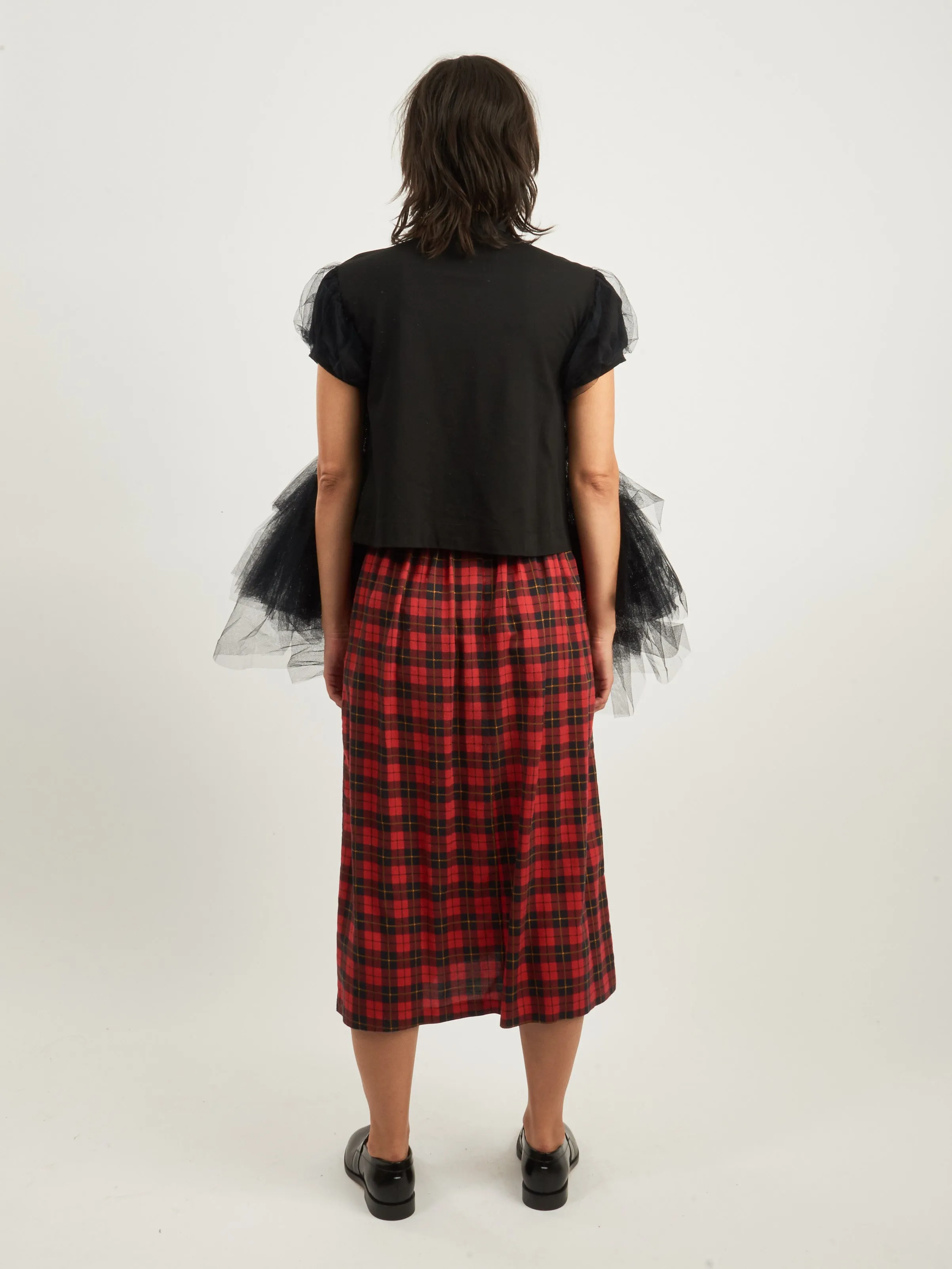 Black Puff Sleeve Tulle Frill Polo Shirt