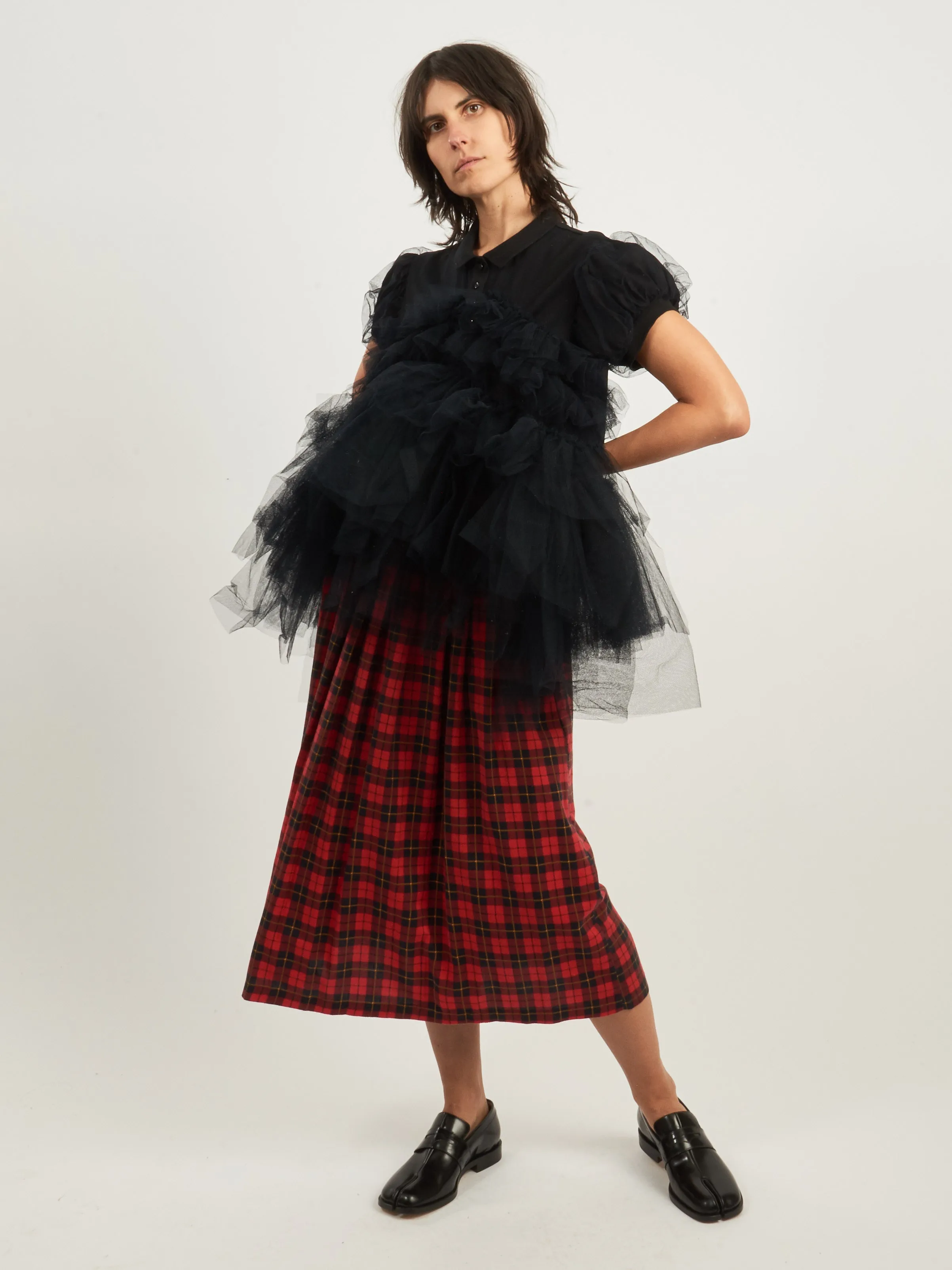 Black Puff Sleeve Tulle Frill Polo Shirt