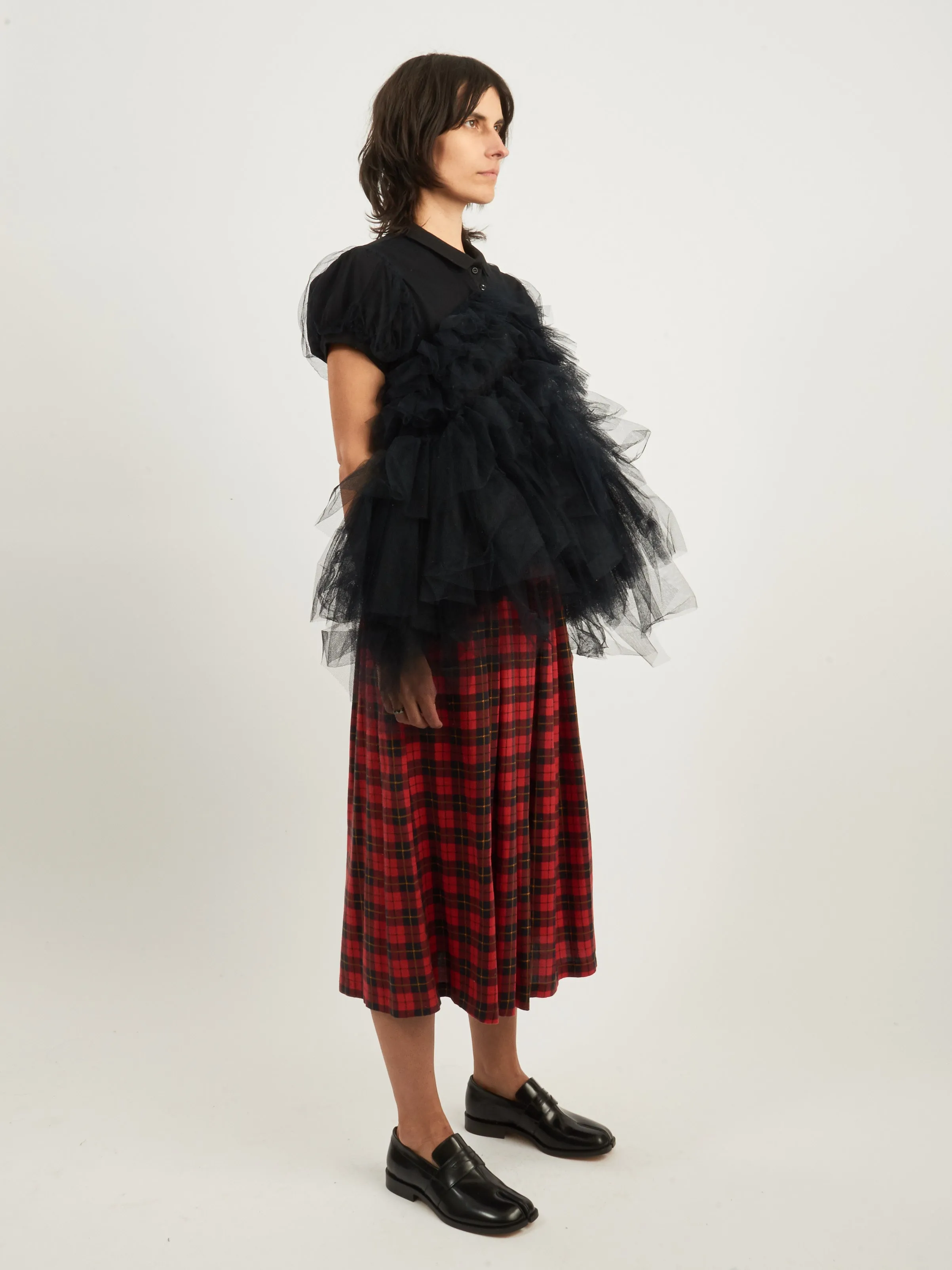Black Puff Sleeve Tulle Frill Polo Shirt