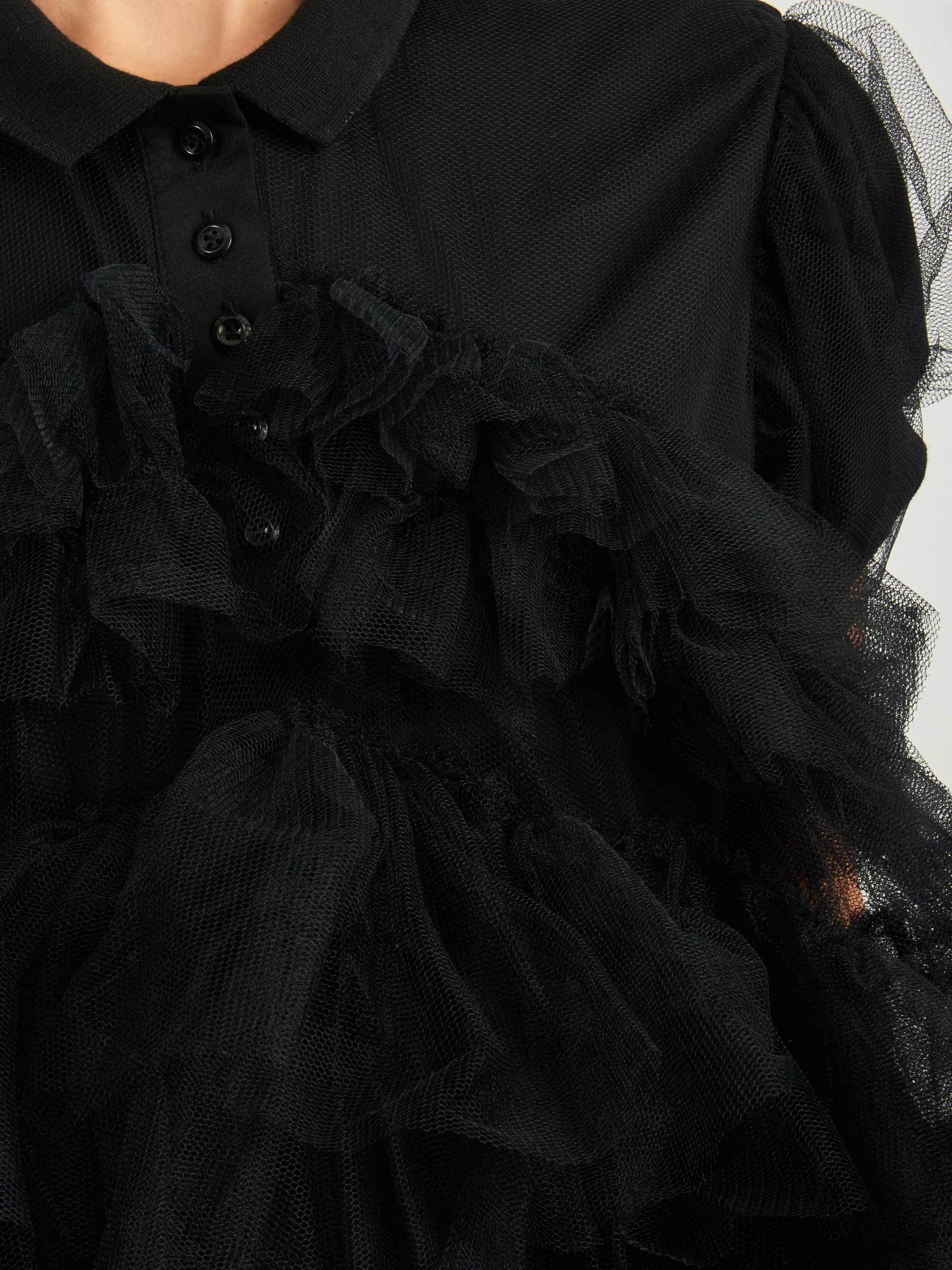 Black Puff Sleeve Tulle Frill Polo Shirt