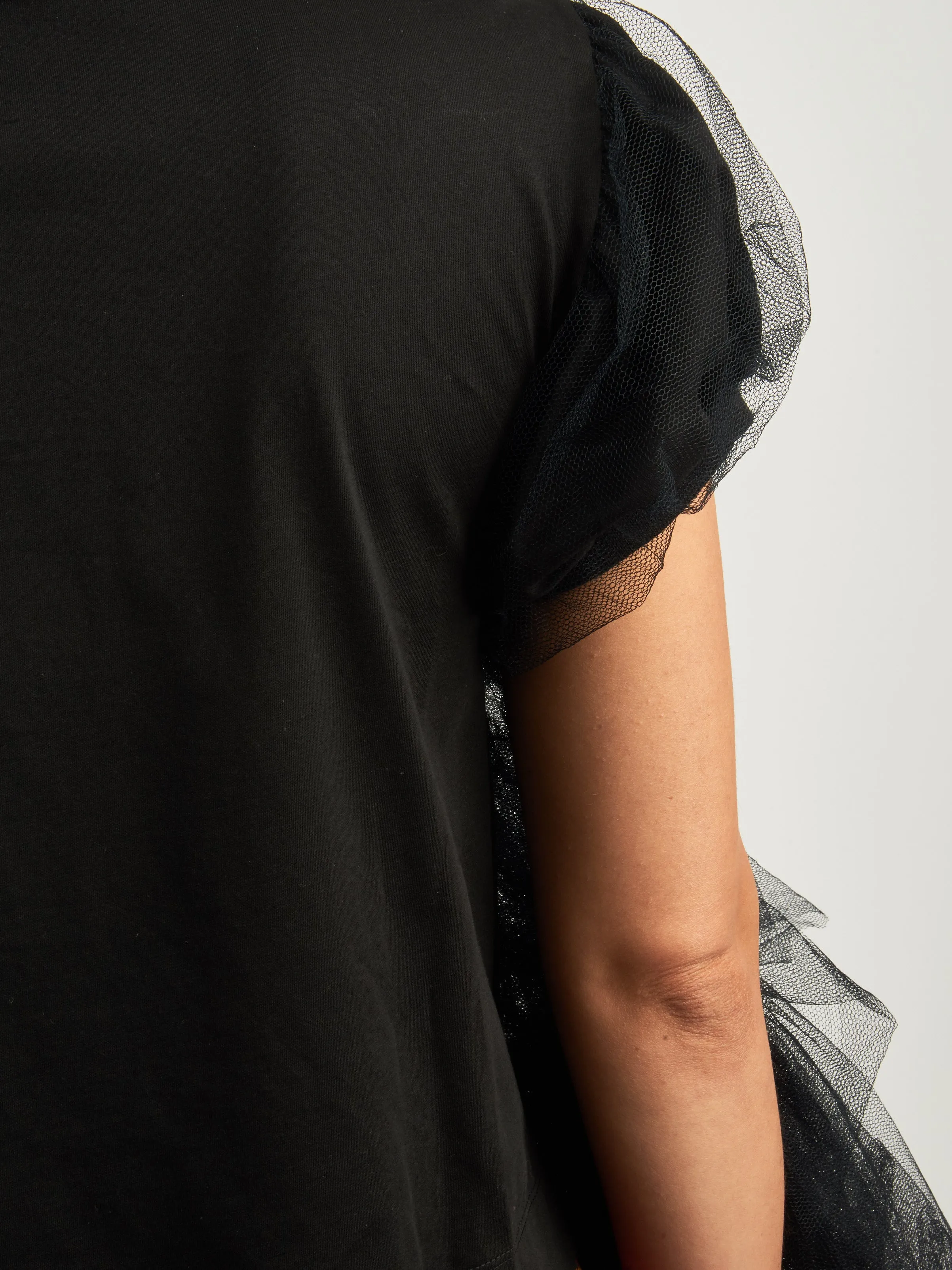 Black Puff Sleeve Tulle Frill Polo Shirt