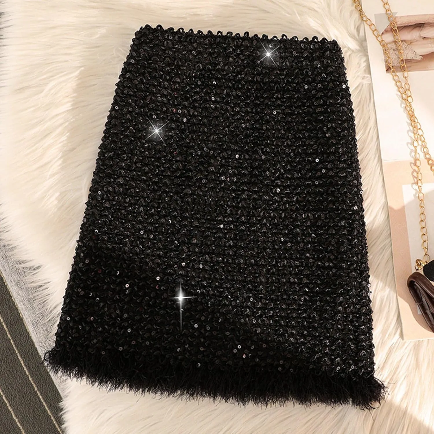 Black Skirt for Women Women's High Waist Sequin Wrap Skirt Fall Winter Stretchy Slim Fit Fringe Midi Skirt