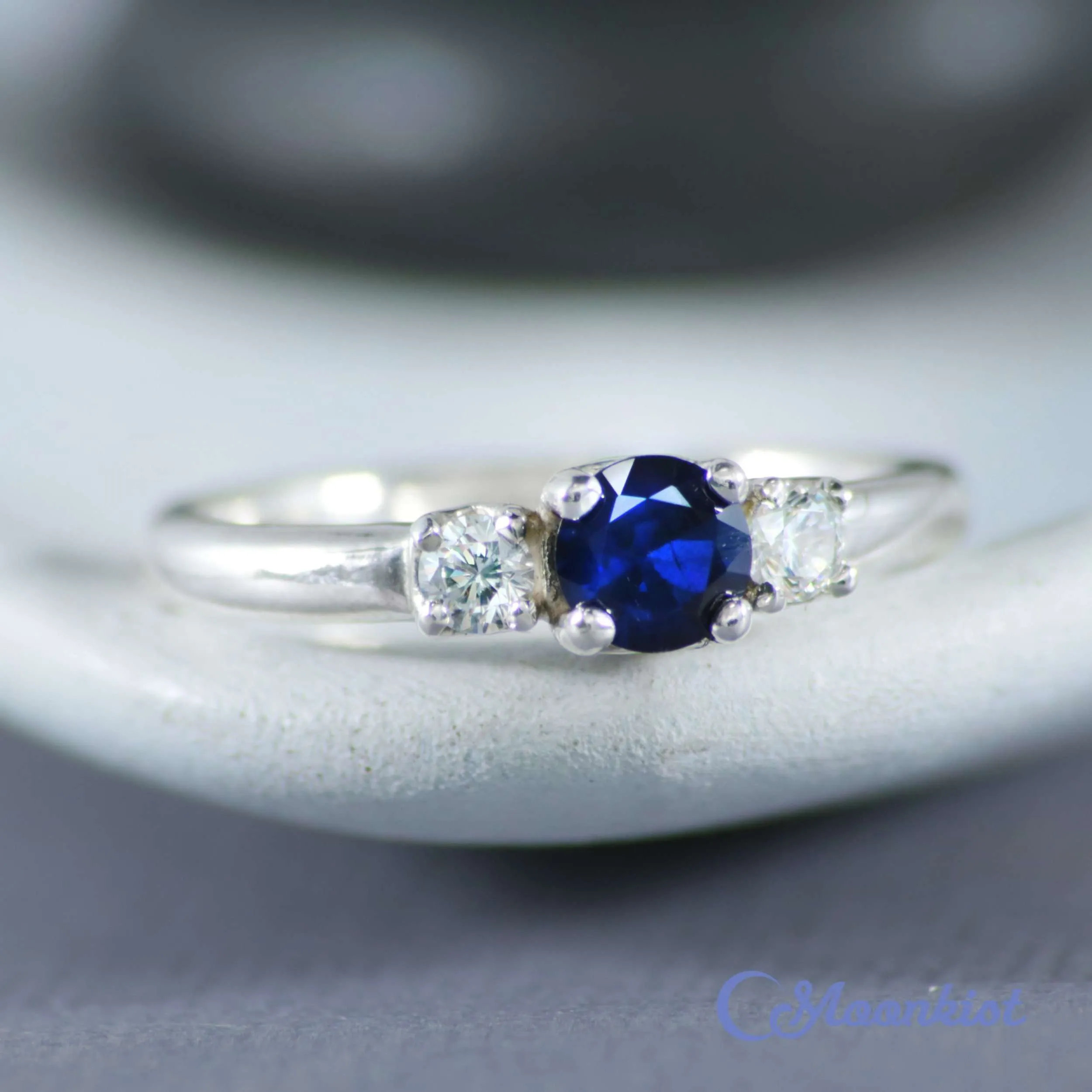 Blue Sapphire and White Sapphire Three Stone Engagement Ring | Moonkist Designs