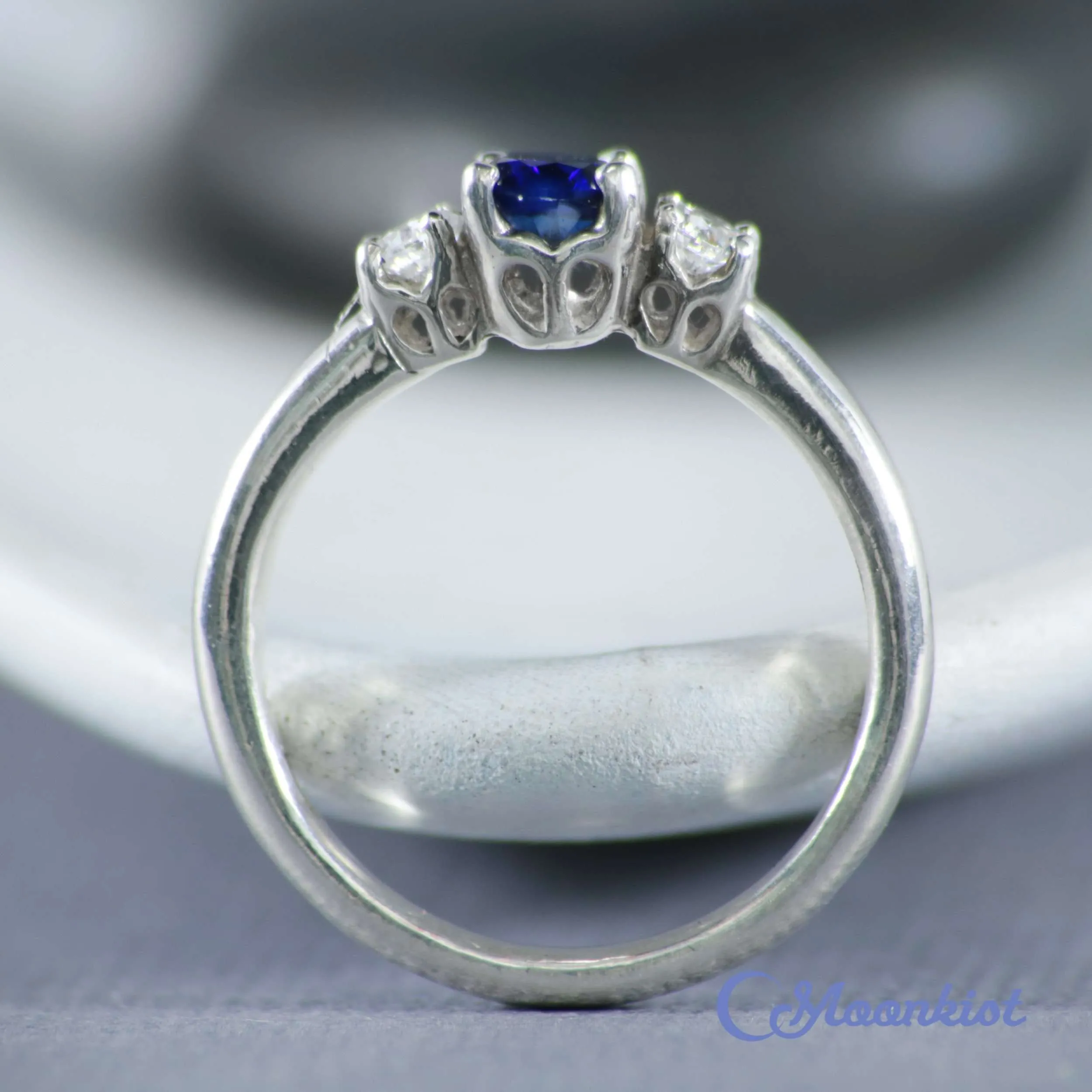 Blue Sapphire and White Sapphire Three Stone Engagement Ring | Moonkist Designs