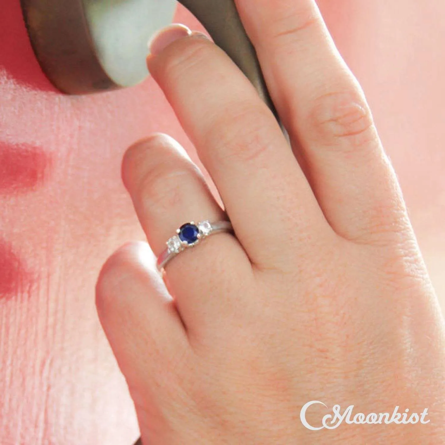 Blue Sapphire and White Sapphire Three Stone Engagement Ring | Moonkist Designs