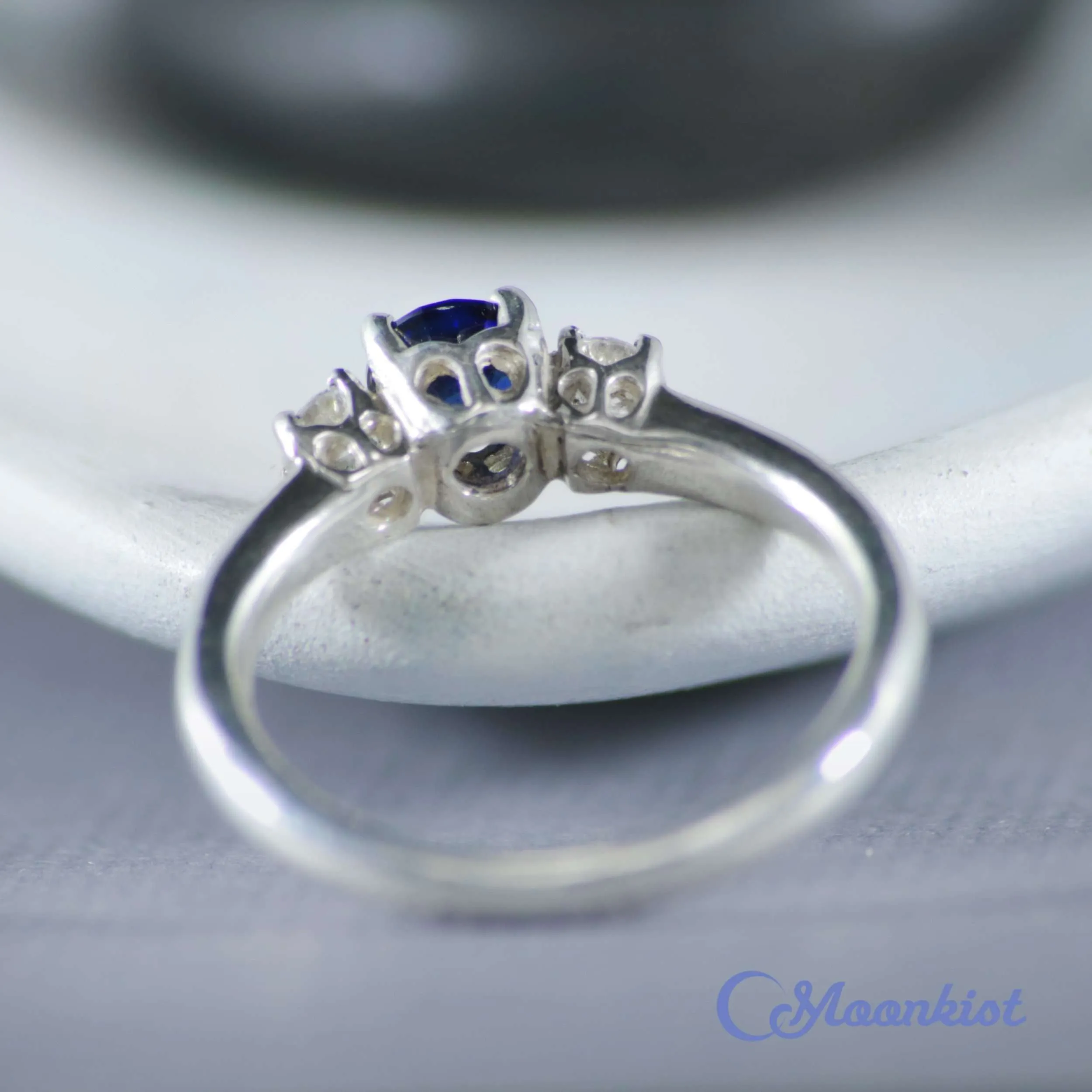 Blue Sapphire and White Sapphire Three Stone Engagement Ring | Moonkist Designs