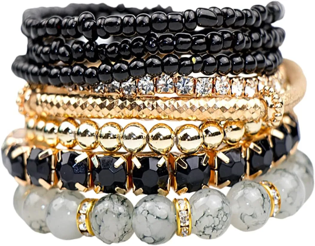 Bohemian Crystal Beaded Bracelets Set Multilayer Stackable Handmade Gold Beads Natural Stone Beads Stretch Bangles