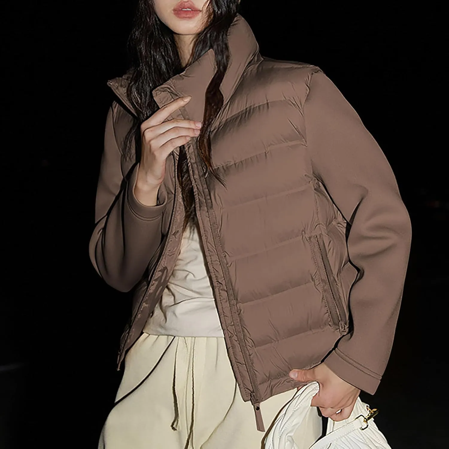 Borniu Womens Winter Cropped Puffer Jacket Coat Splice Short Warm Quilted Jacket Lightweight Down Coats with Pockets