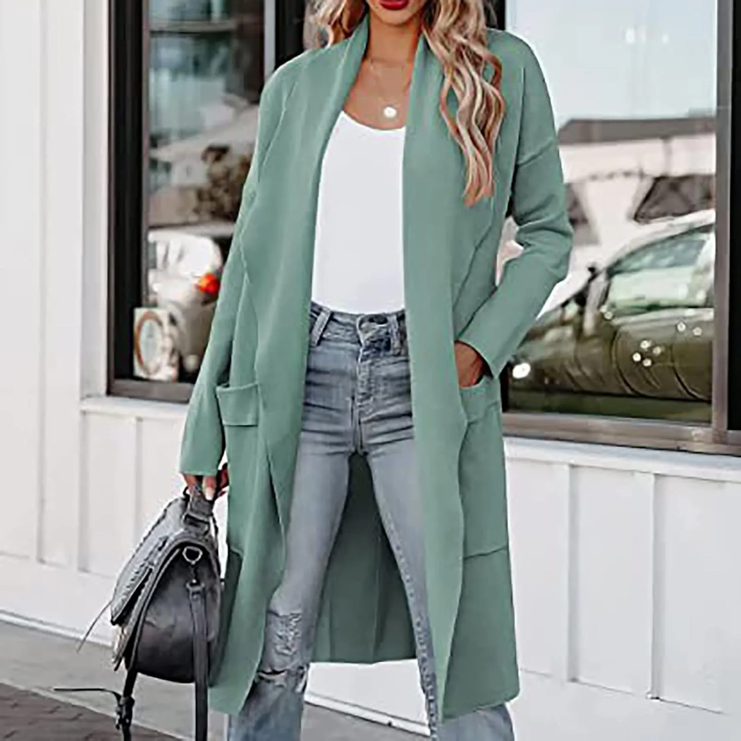 Cardigans for Women Trendy Casual Open Front Winter Coats Comfy Flowy Long Sleeve Trench Coats Tops with Pockets