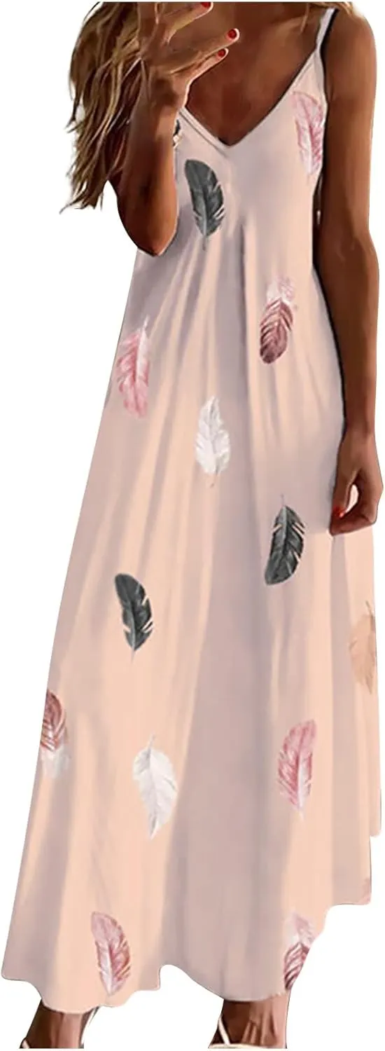 Casual Dresses for Women Boho Summer Sundress 2025 Spaghetti Strap V Neck Flowy Maxi Dresses Flower Print Dress