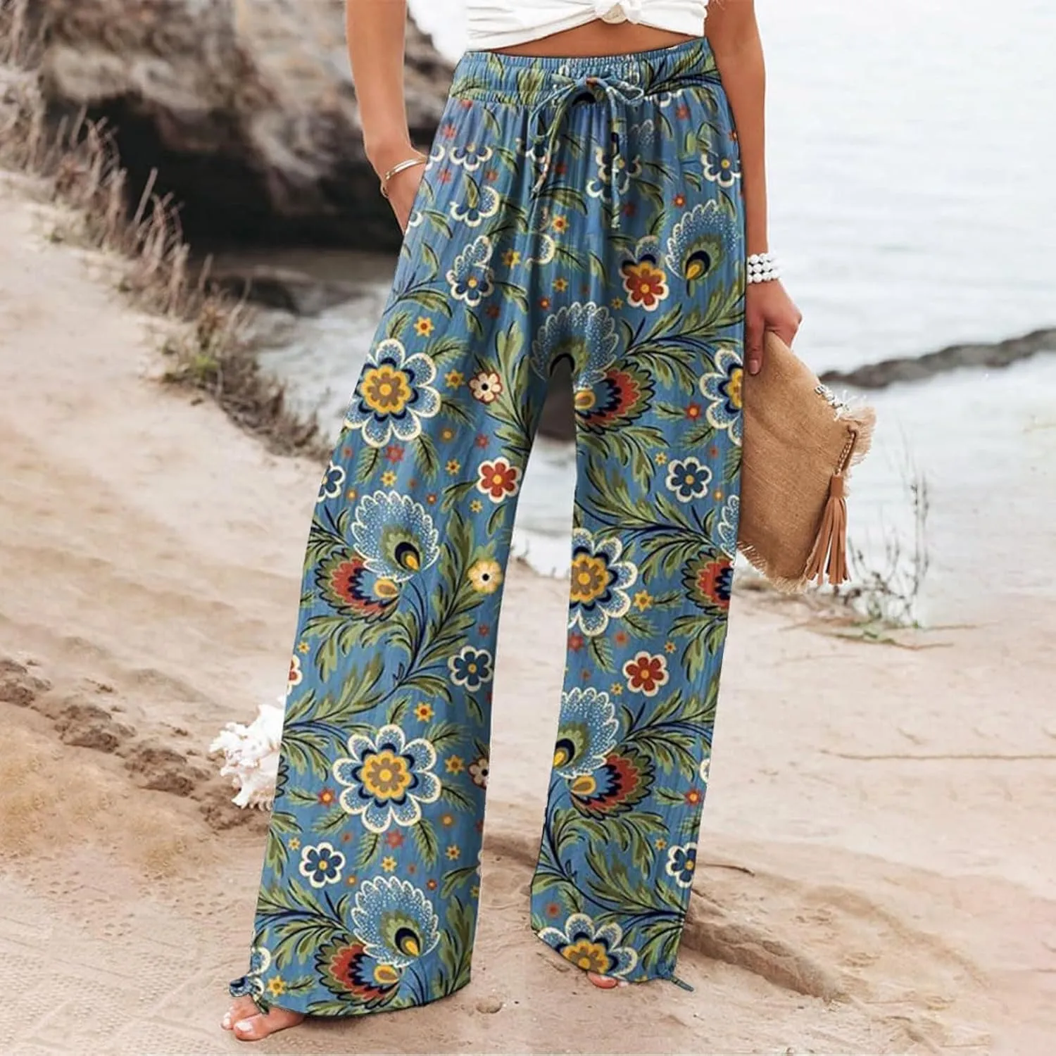 Casuals Long Business Pants with Pockets Womens Cotton Casual Loose Pants Comfy Work Pants with Pockets Elastic High