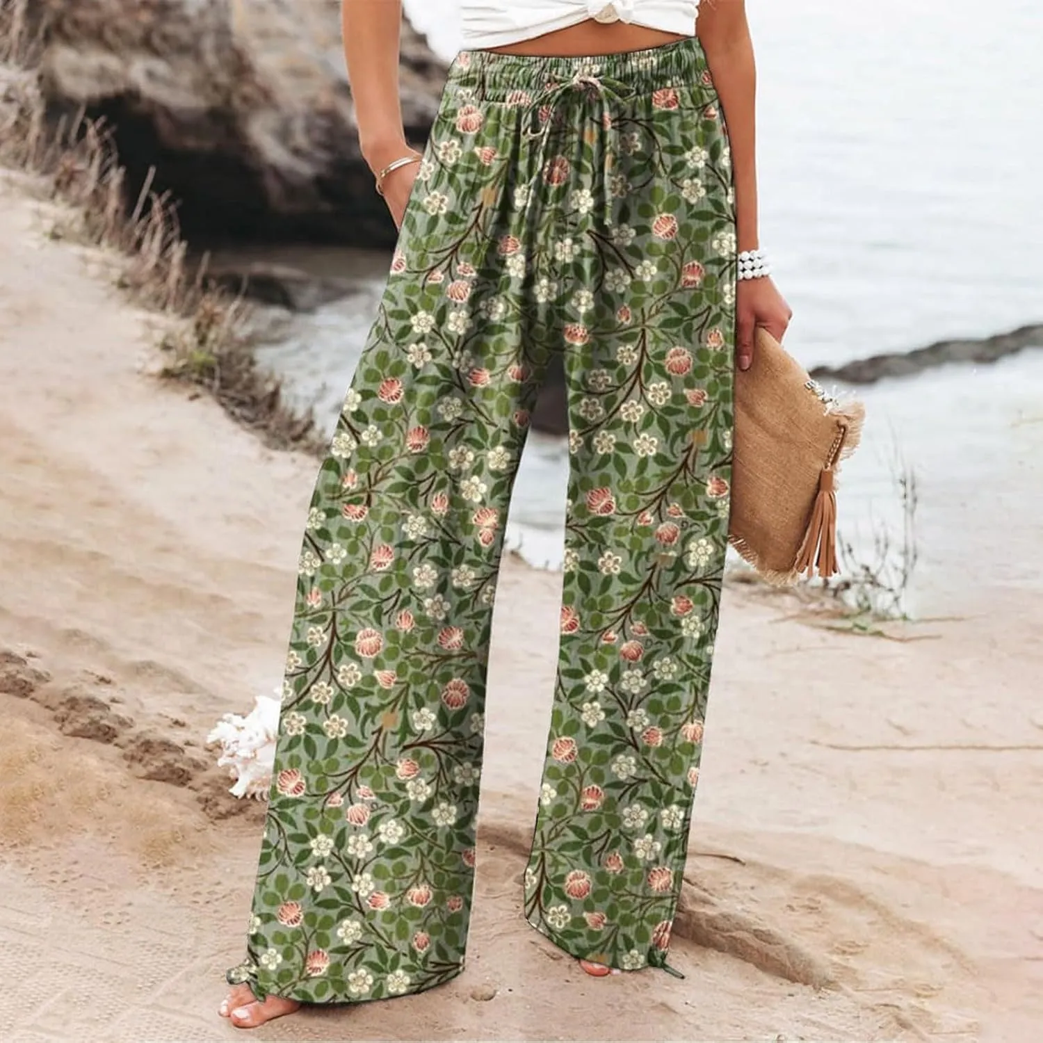 Casuals Long Business Pants with Pockets Womens Cotton Casual Loose Pants Comfy Work Pants with Pockets Elastic High
