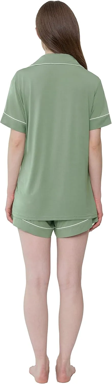 Cherrydew Women Bamboo Viscose Super Soft Comfy Summer Cooling Short Sleeve Button Down Pajama Shorts Set S-XXL