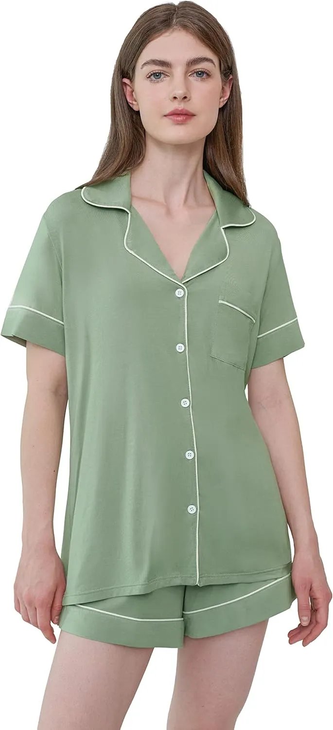 Cherrydew Women Bamboo Viscose Super Soft Comfy Summer Cooling Short Sleeve Button Down Pajama Shorts Set S-XXL