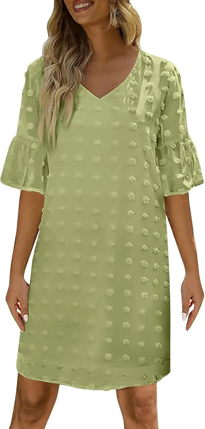 Chiffon Dresses for Women 2024 Summer Smocked Dress Short Flutter Sleeve V Neck Swiss Dot Ruffle Tiered Mini Dress