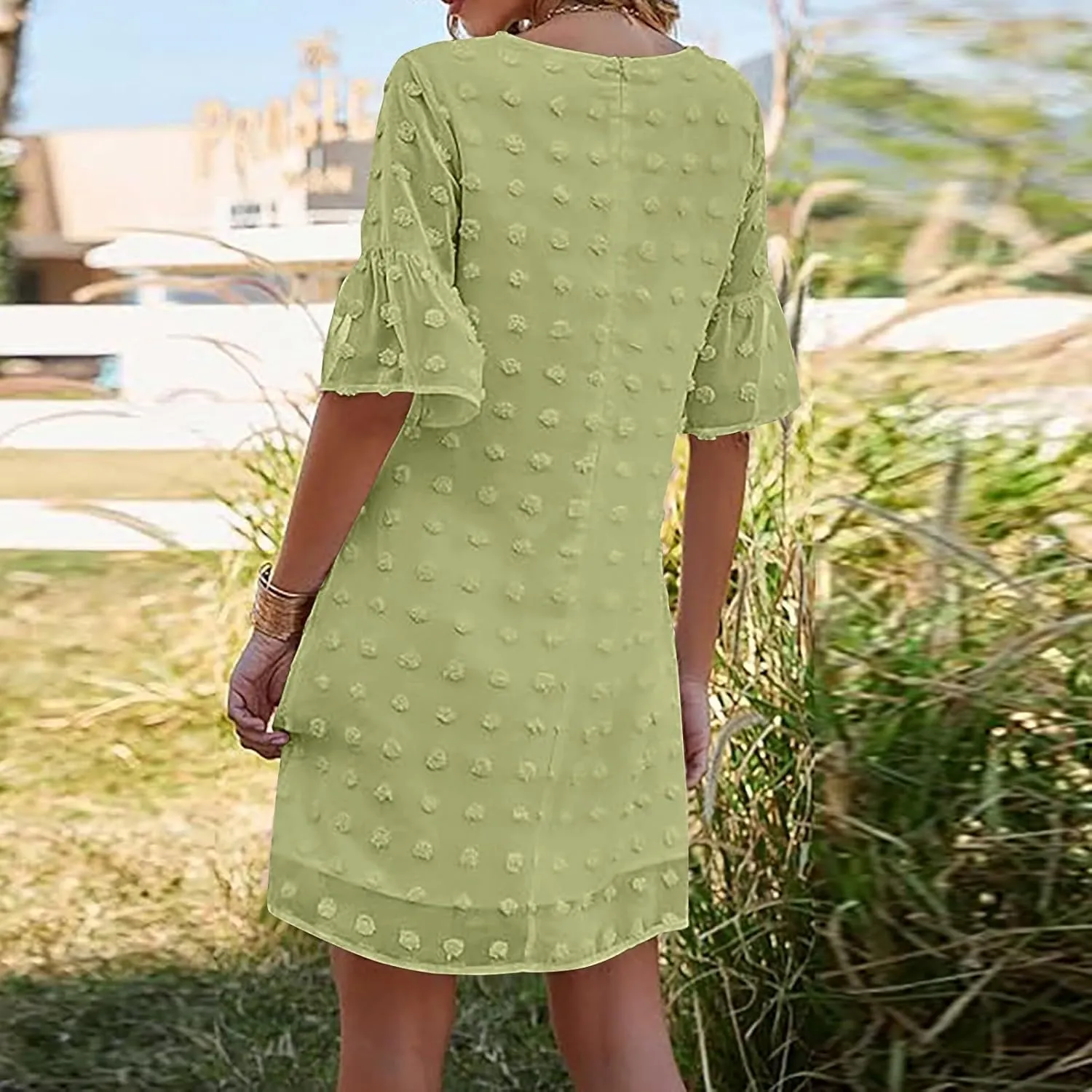 Chiffon Dresses for Women 2024 Summer Smocked Dress Short Flutter Sleeve V Neck Swiss Dot Ruffle Tiered Mini Dress