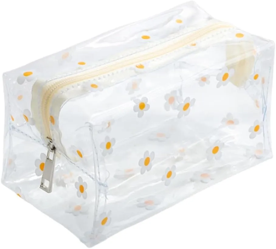 Clear Daisy Makeup Bag Flower Print Transparent Cosmetic Bag Travel Waterproof Toiletry Wash Bag Zippered Pouches For Organization