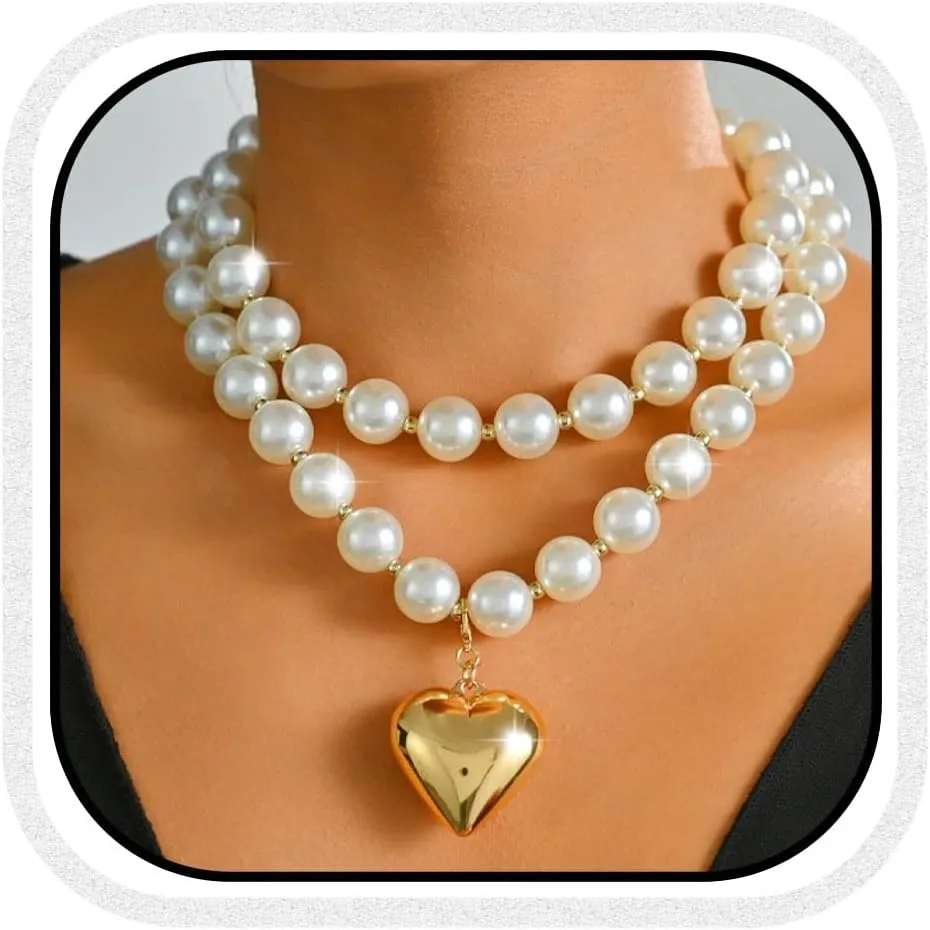 CLOACE Pearl Necklaces Gold Heart Layered Necklace Chunky Beads Choker Necklaces Jewelry for Women