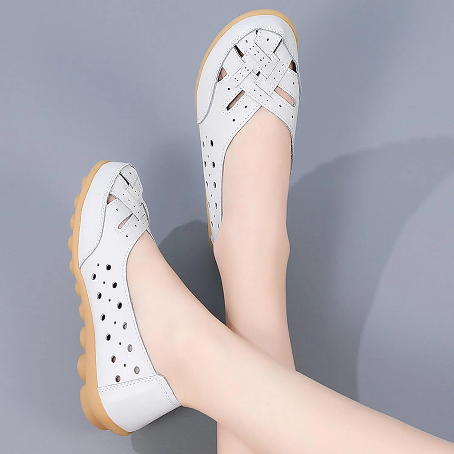 Close Toe Sandals for Women Orthopedic Loafers Breathable Leather Comfortable Hollow Soft Flats Summer Casual Slip-On Shoes