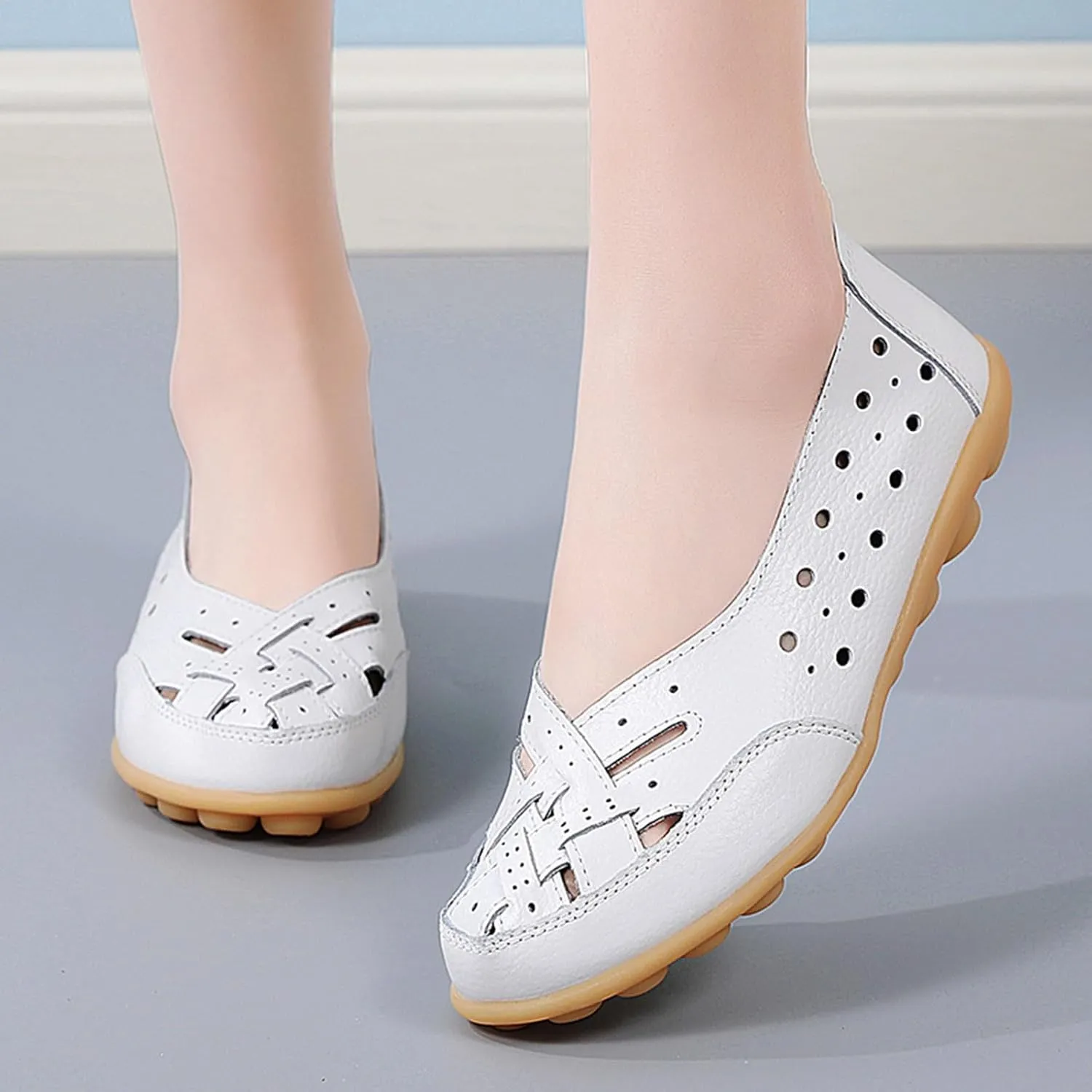 Close Toe Sandals for Women Orthopedic Loafers Breathable Leather Comfortable Hollow Soft Flats Summer Casual Slip-On Shoes