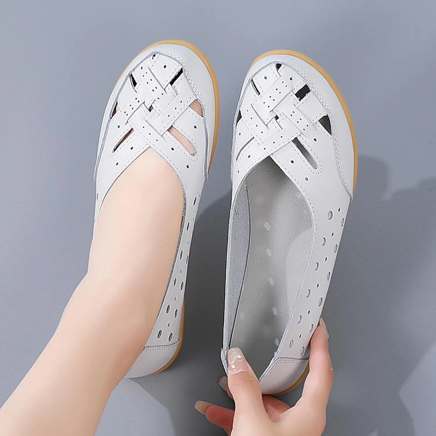 Close Toe Sandals for Women Orthopedic Loafers Breathable Leather Comfortable Hollow Soft Flats Summer Casual Slip-On Shoes