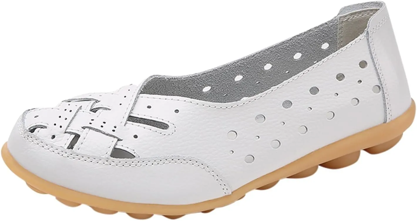 Close Toe Sandals for Women Orthopedic Loafers Breathable Leather Comfortable Hollow Soft Flats Summer Casual Slip-On Shoes