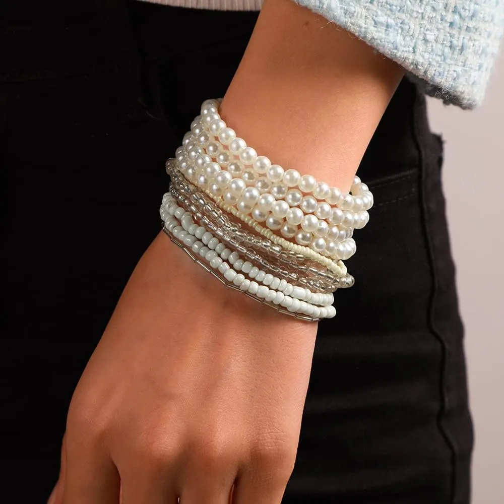 COLORFUL BLING Bohemian Crystal Beaded Bracelets Set Multilayer Stackable Bracelets Boho Charms Stretch Bracelet Handmade Multicolor Crystal Beaded Bangles Strand Bracelet Set