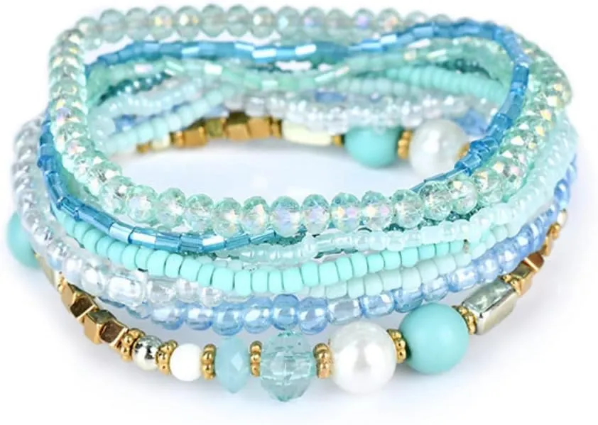 COLORFUL BLING Bohemian Crystal Beaded Bracelets Set Multilayer Stackable Bracelets Boho Charms Stretch Bracelet Handmade Multicolor Crystal Beaded Bangles Strand Bracelet Set
