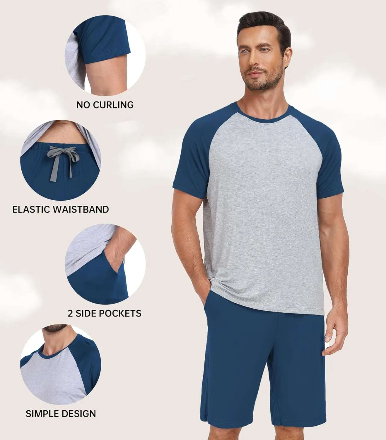 COLORFULLEAF Mens Pajamas Set Shorts and Shirt Bamboo Rayon Sleepwear Summer Nightwear Lightweight Sleep Sets S-XL