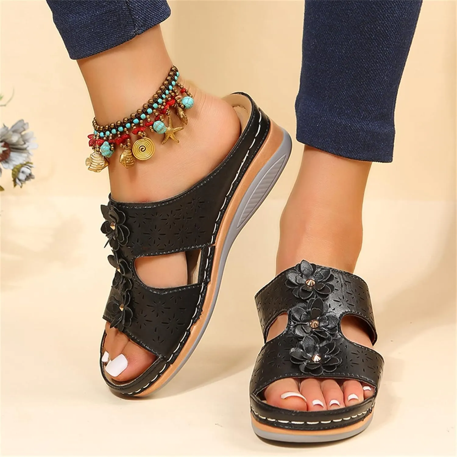 Comfortable Flats for Women Arch Support Sandals for Women Walking Low Wedge Sandals Women Comfortable Cute Ladies Walking Sandals Plantar Fasciitis Yoga Sandals for Women Wrap Sandals for Women