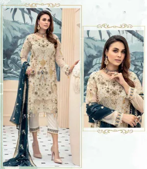 Cream Color Georgette Fabric Heavy Embroidered Traditional Look Party Wear Designer Dress Material