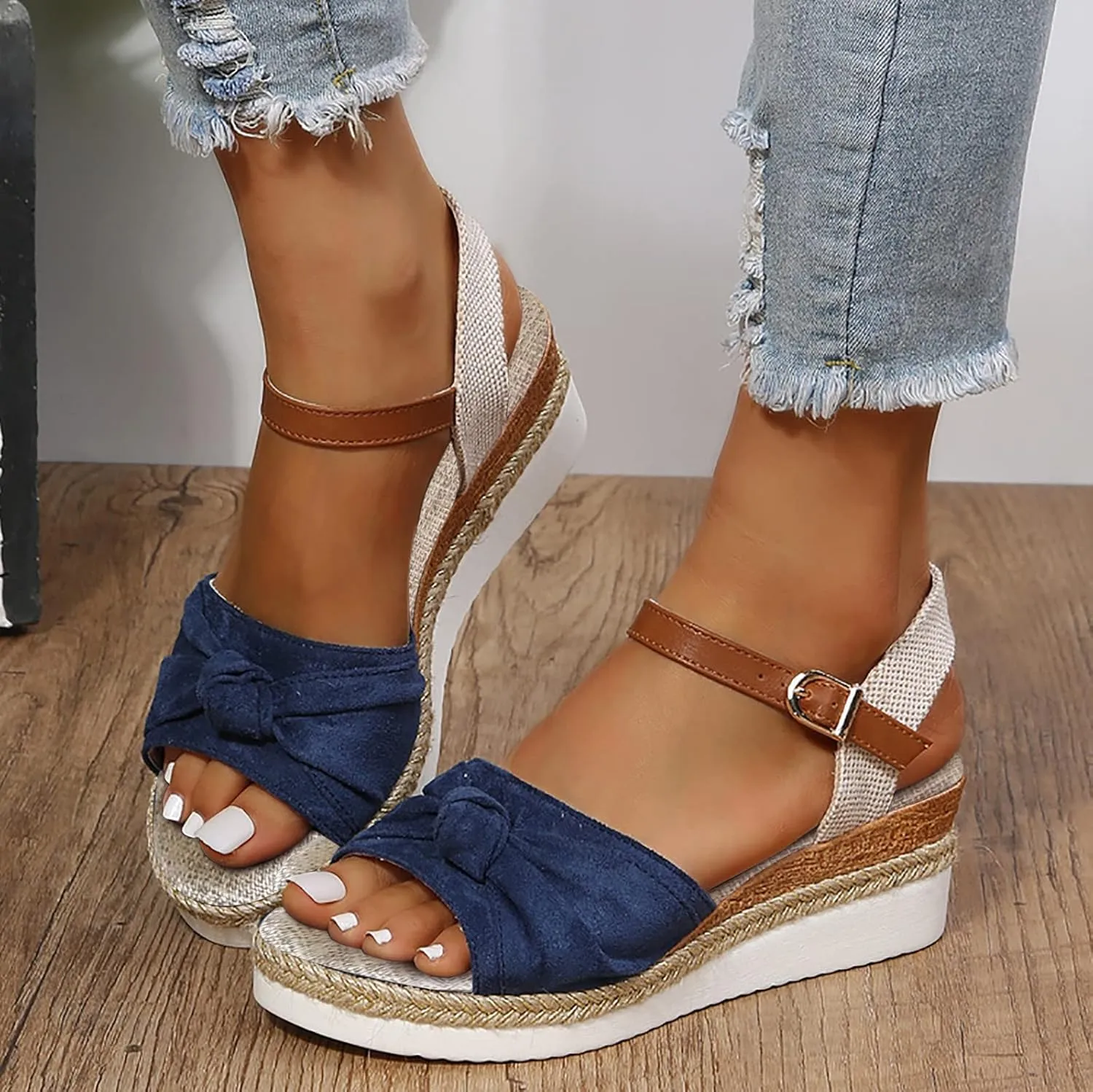 Crzidha Wedge Sandals for Women, Womens Espadrilles Open Toe Ankle Strap Platform Wedge Heels Sandals Dressy Summer Ankle Strap Comfortable Slip on Sandals Orthopedic Sandals Casual Beach Shoes