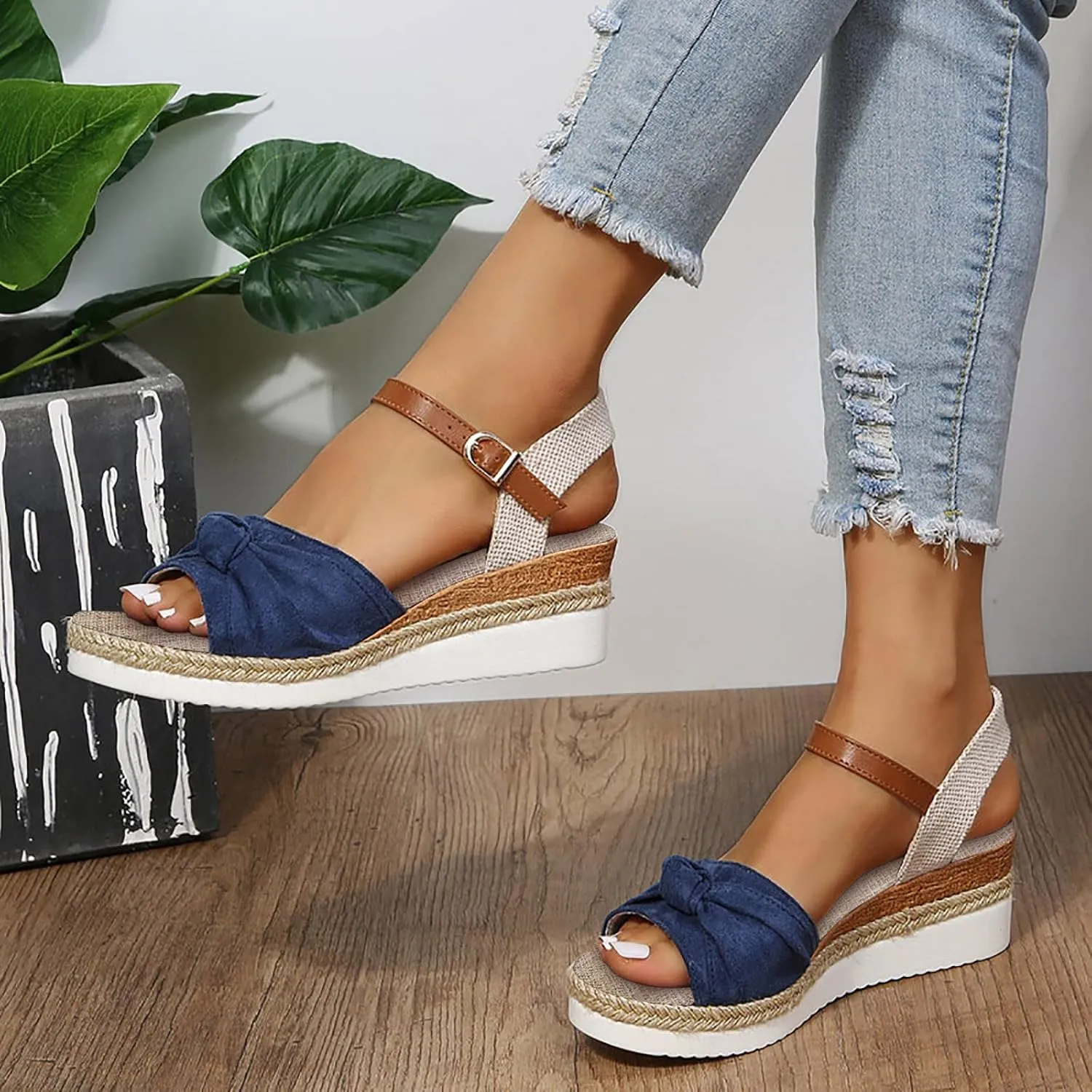 Crzidha Wedge Sandals for Women, Womens Espadrilles Open Toe Ankle Strap Platform Wedge Heels Sandals Dressy Summer Ankle Strap Comfortable Slip on Sandals Orthopedic Sandals Casual Beach Shoes