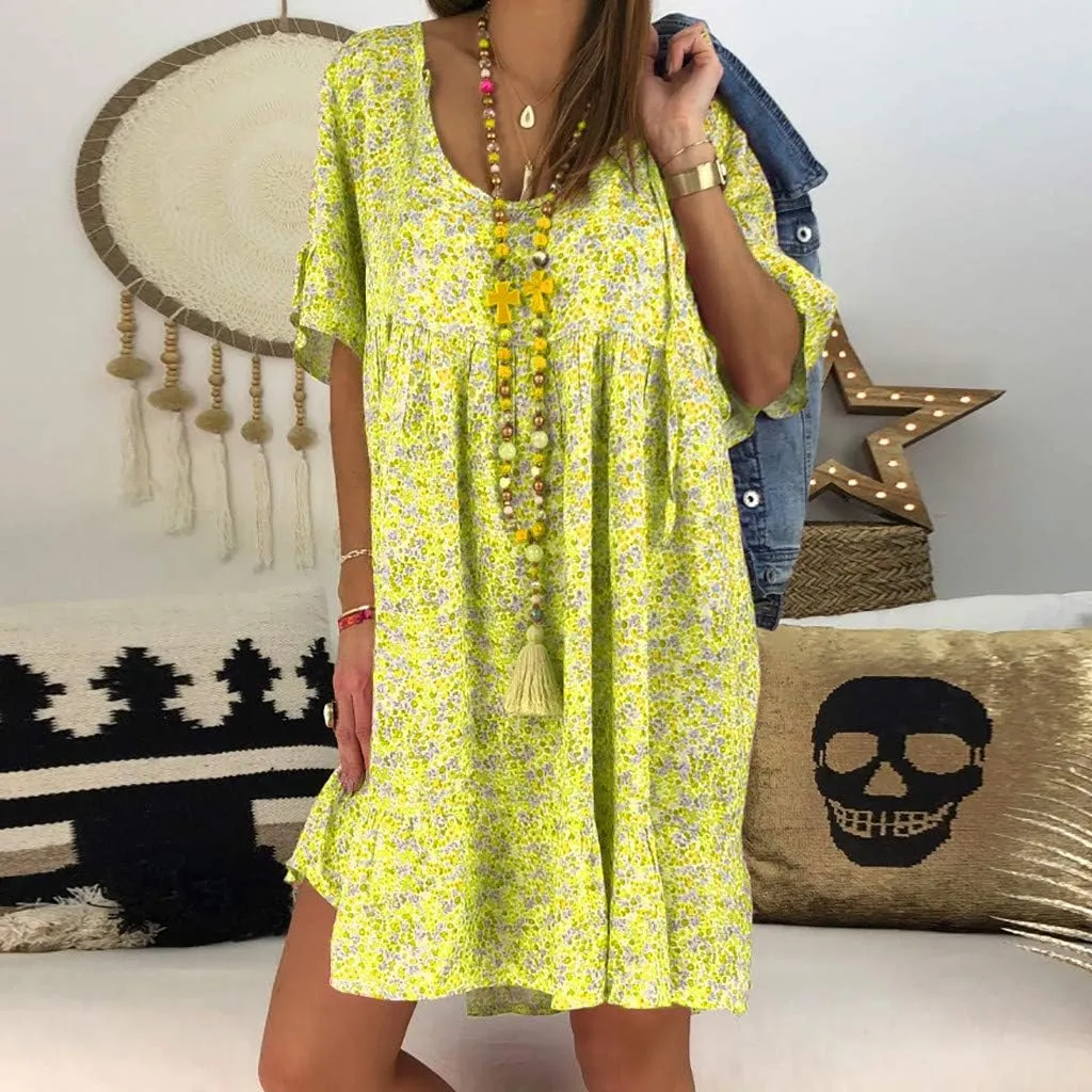 Cute Winter Dresses for Women Women's Ladies Sexy Loose Print Hlaf Sleeve Ruffles Mini Dress Summer Dress