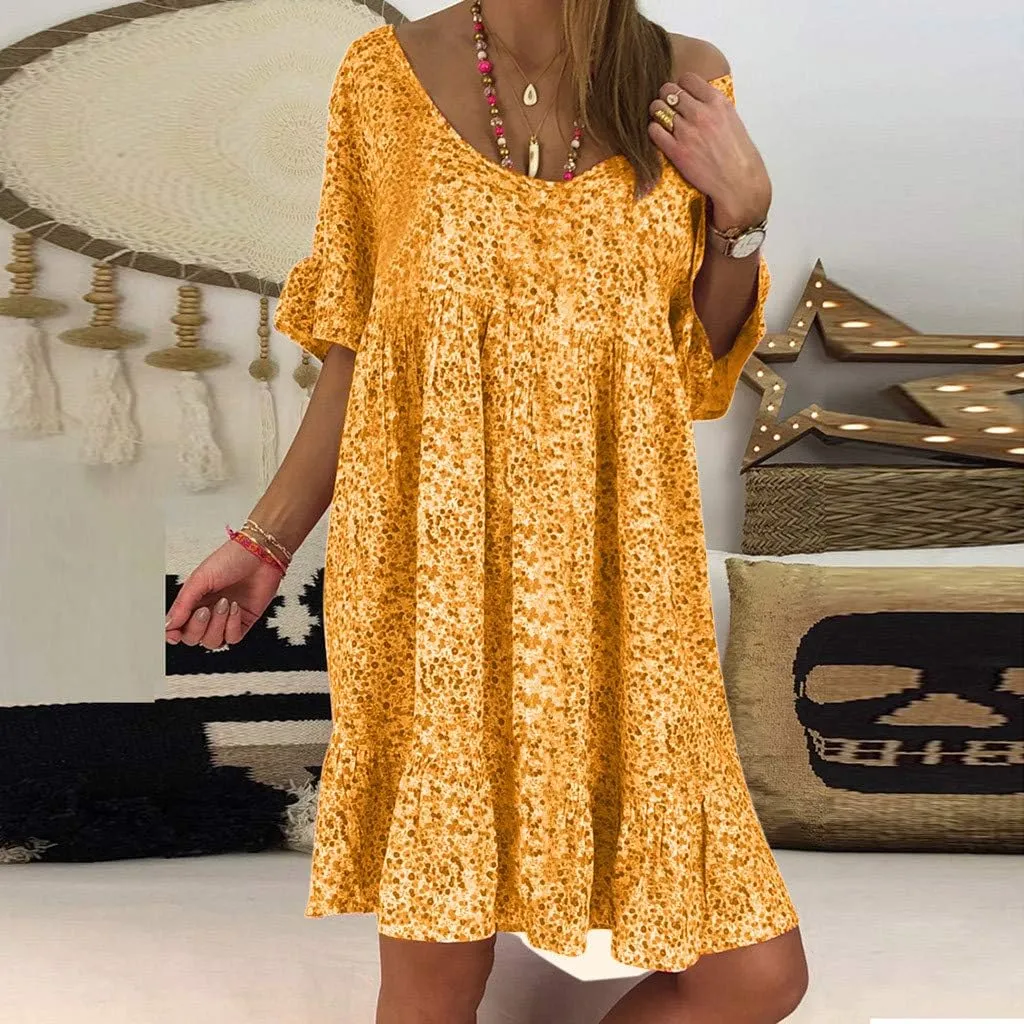 Cute Winter Dresses for Women Women's Ladies Sexy Loose Print Hlaf Sleeve Ruffles Mini Dress Summer Dress