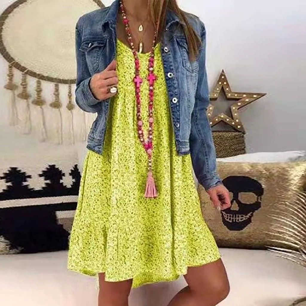 Cute Winter Dresses for Women Women's Ladies Sexy Loose Print Hlaf Sleeve Ruffles Mini Dress Summer Dress